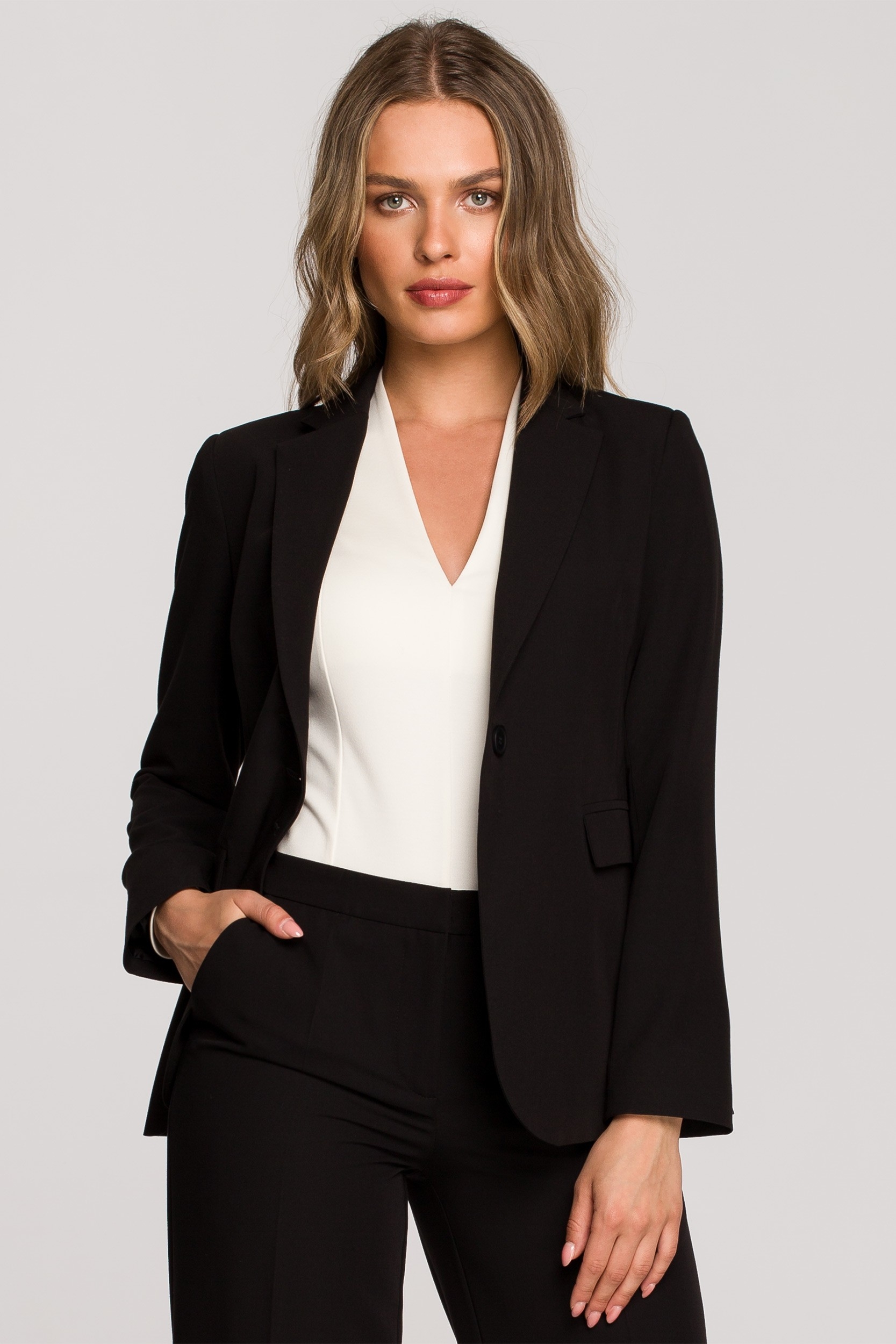 Gładki żakiet na jeden guzik z kieszeniami - CZarny - Rozmiar: XXL