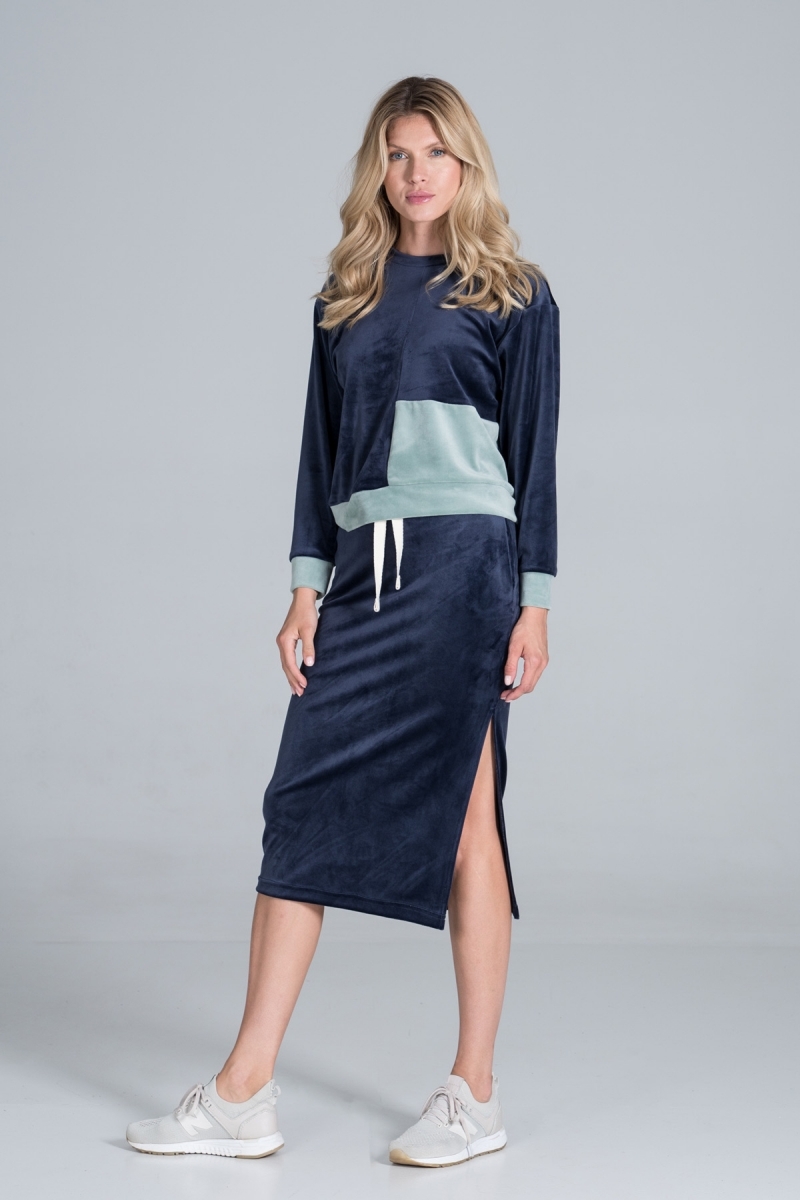 Komplet z weluru bluza z długą spódnicą - granatowy - Rozmiar: XL