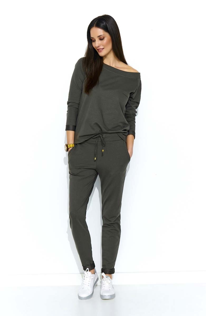 Dzianinowy komplet dresowy - khaki - Rozmiar: L