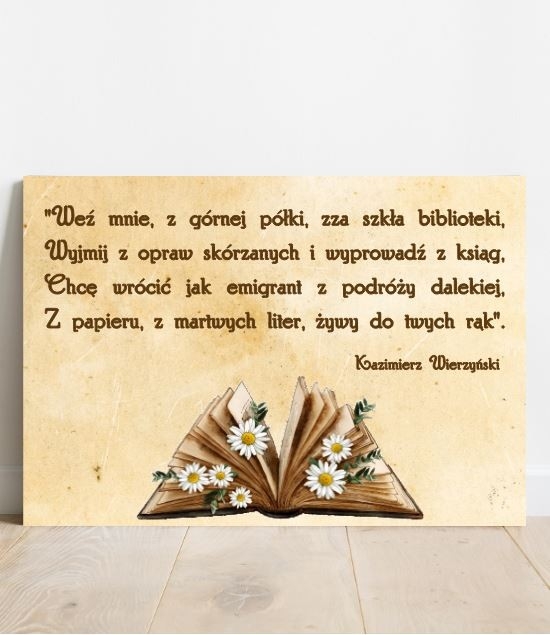 Plakat z napisem: Weź mnie, z górnej półki, zza szkła biblioteki