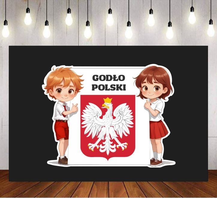 Dzieci trzymające godło Polski- zestaw dekoracji do gazetek szkolnych
