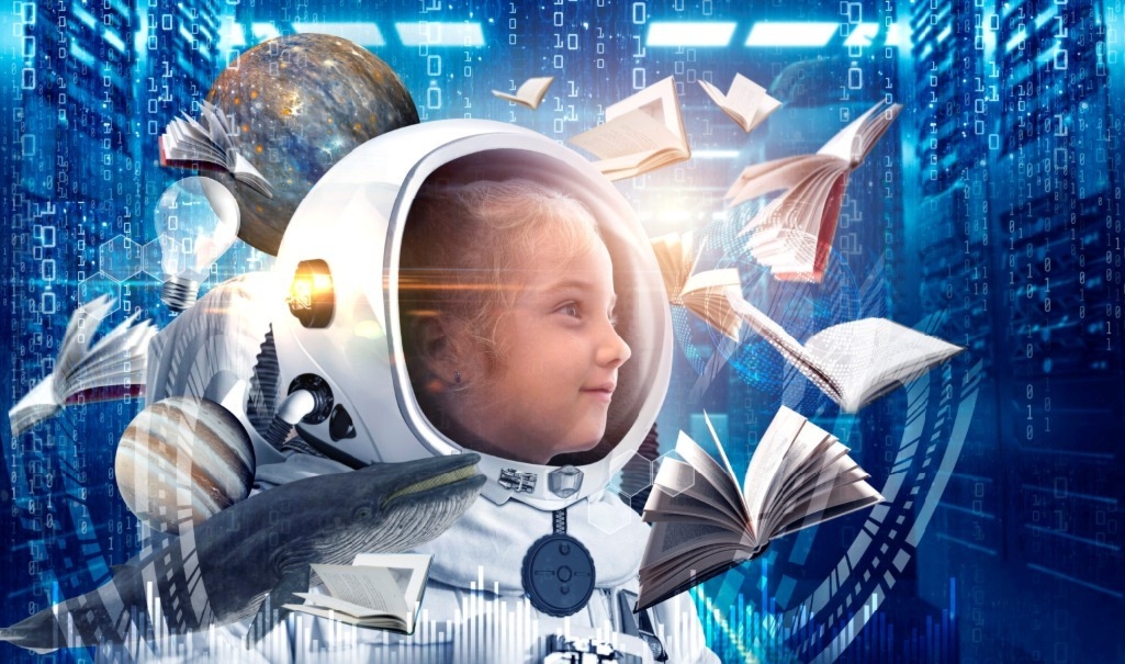 Dziewczynka kosmonautka z książkami