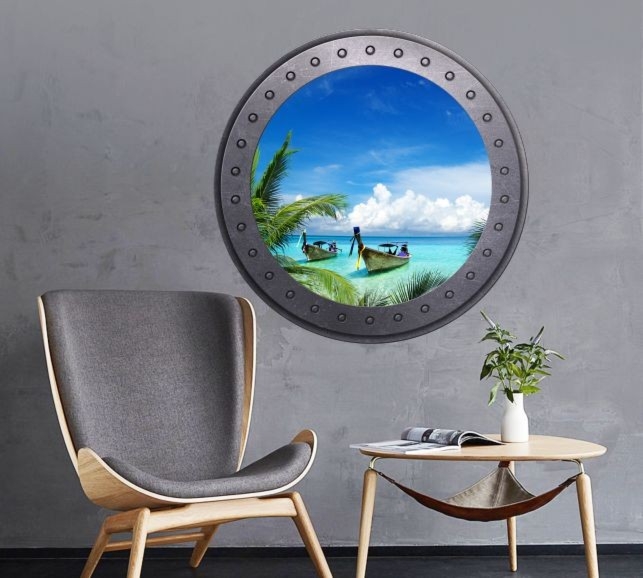 Naklejka okrągłe okno z łódkami na morzu