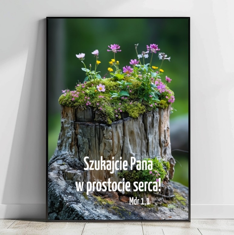 Plakat z cytatem: Szukajcie Pana w prostocie serca