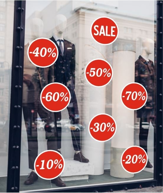 Zestaw 8 naklejek: Sale, wielkości wyprzedaży