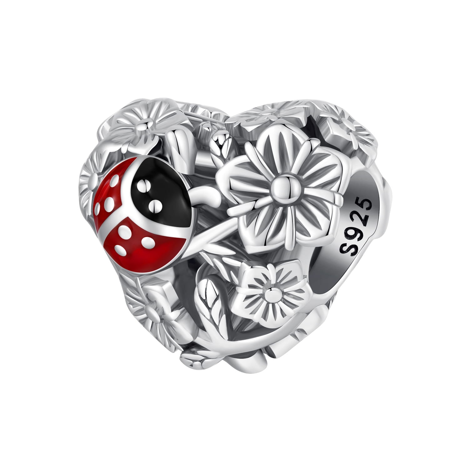 Serce biedronka z kwiatami srebrny charms koralik beads