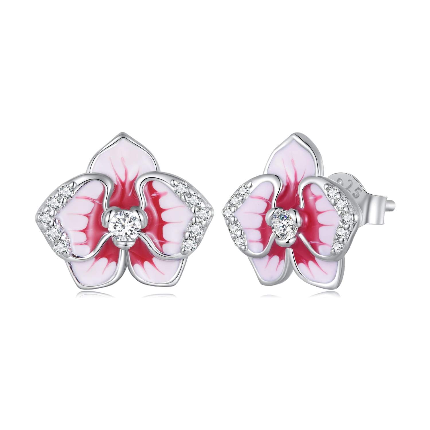 K331 Kwiaty orchidei srebrne kolczyki sztyfty kryształki
