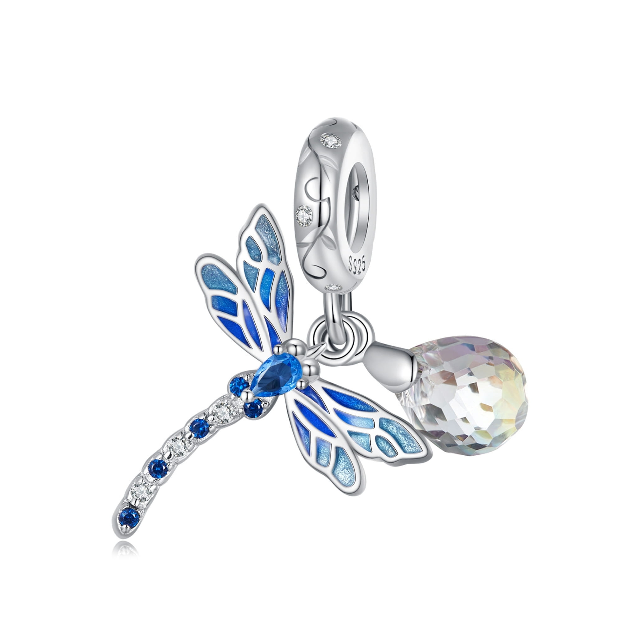 Niebieska ważka z kryształami srebrna zawieszka charms beads