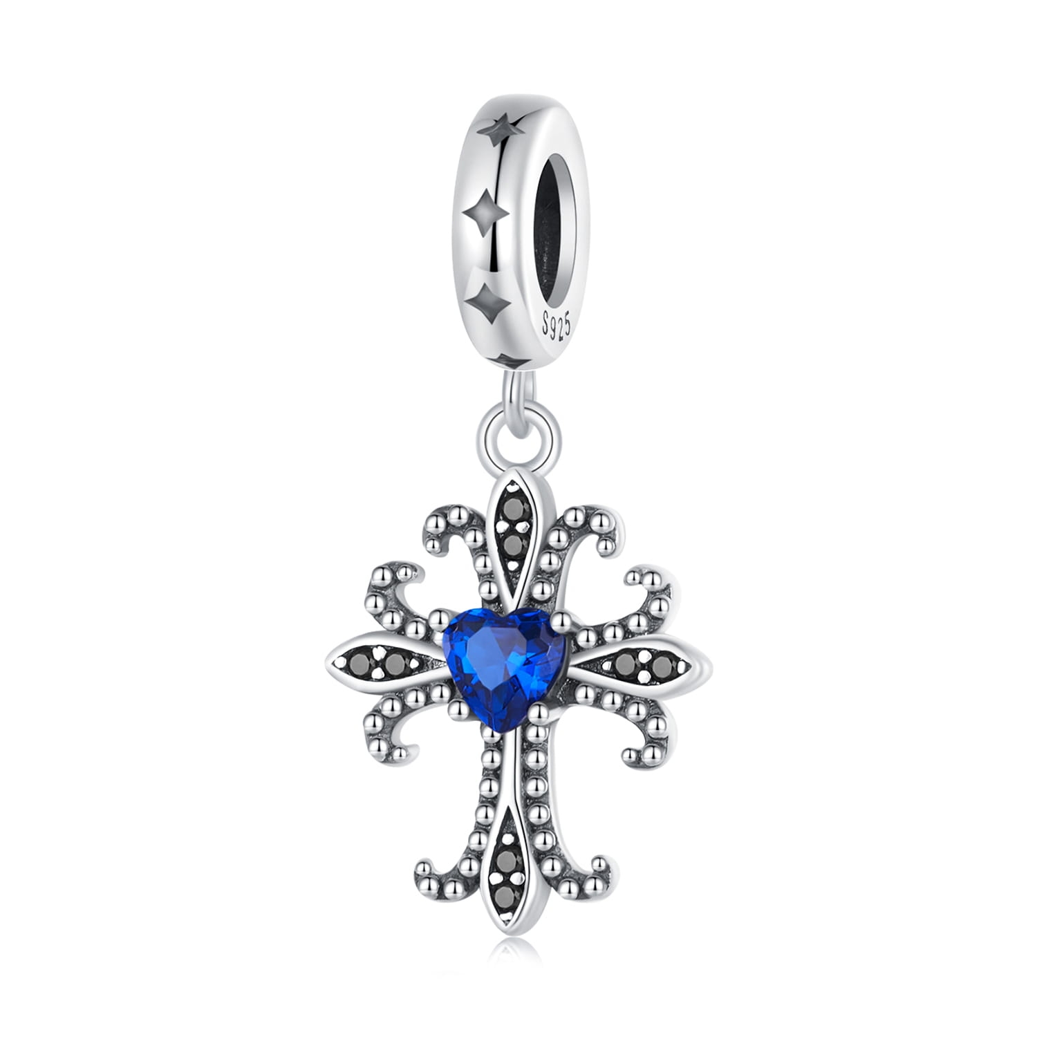 Krzyż liliowy z sercem zawieszka srebrny charms beads