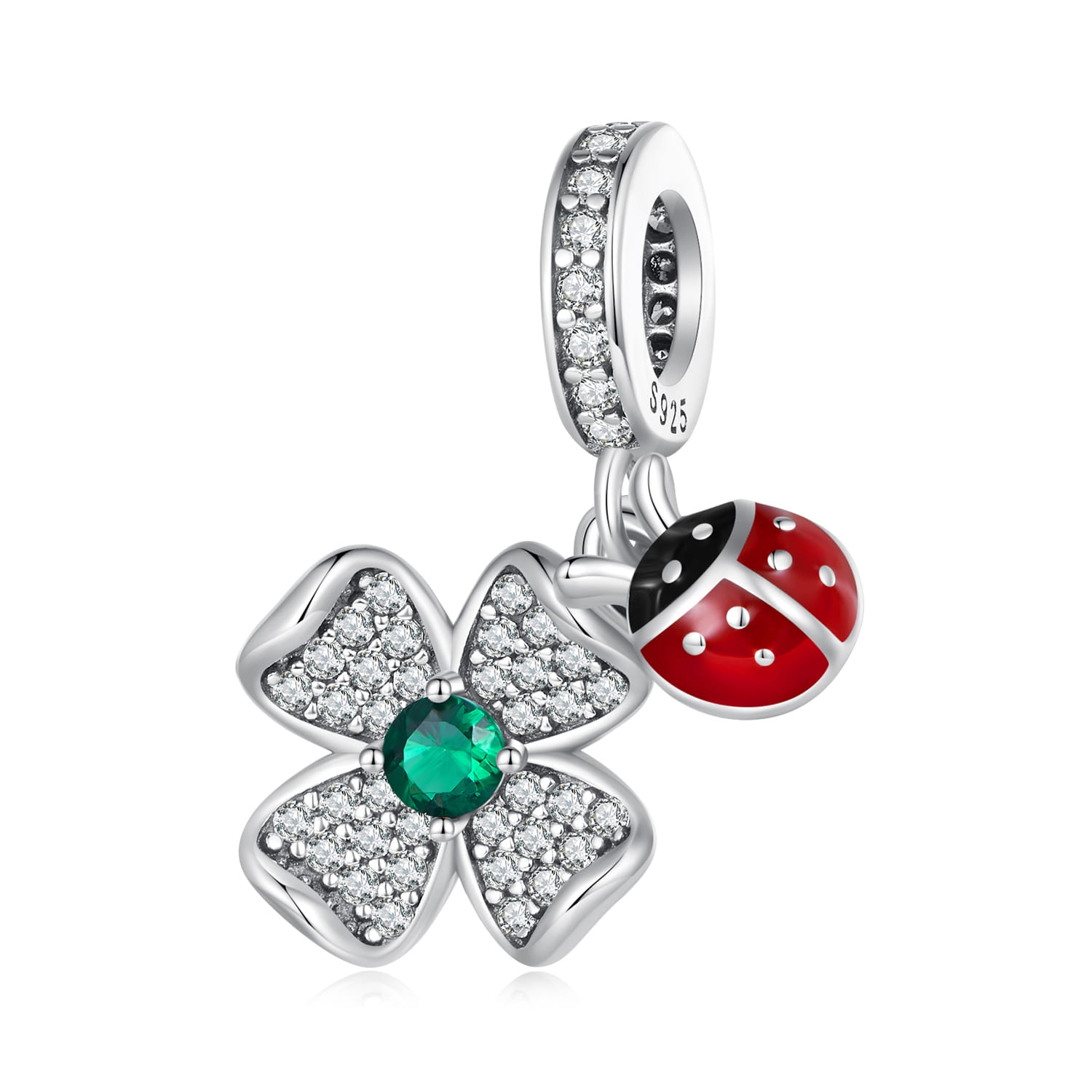 Koniczynka z biedronką srebrny charms zawieszka beads