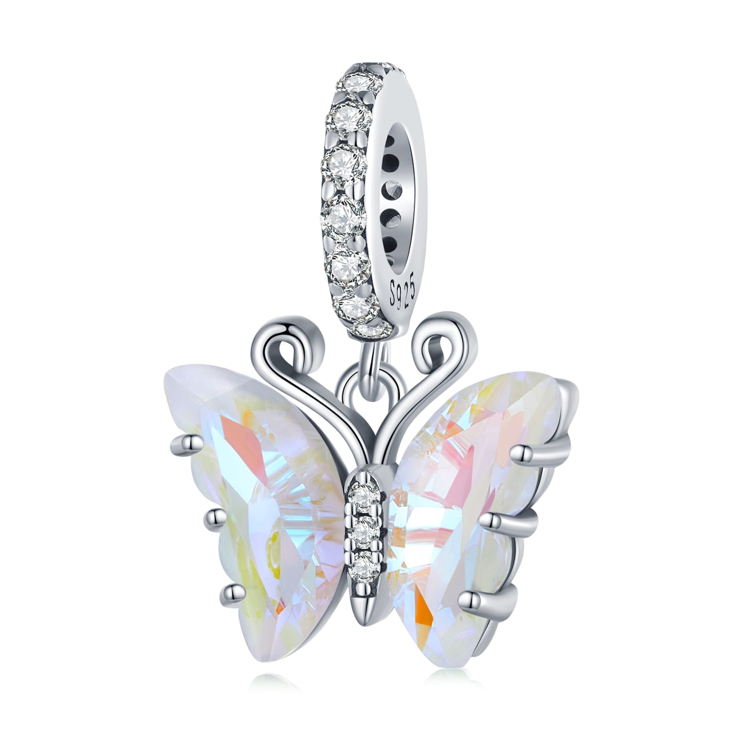 Opalizujący motyl z kryształu srebrny charms zawieszka