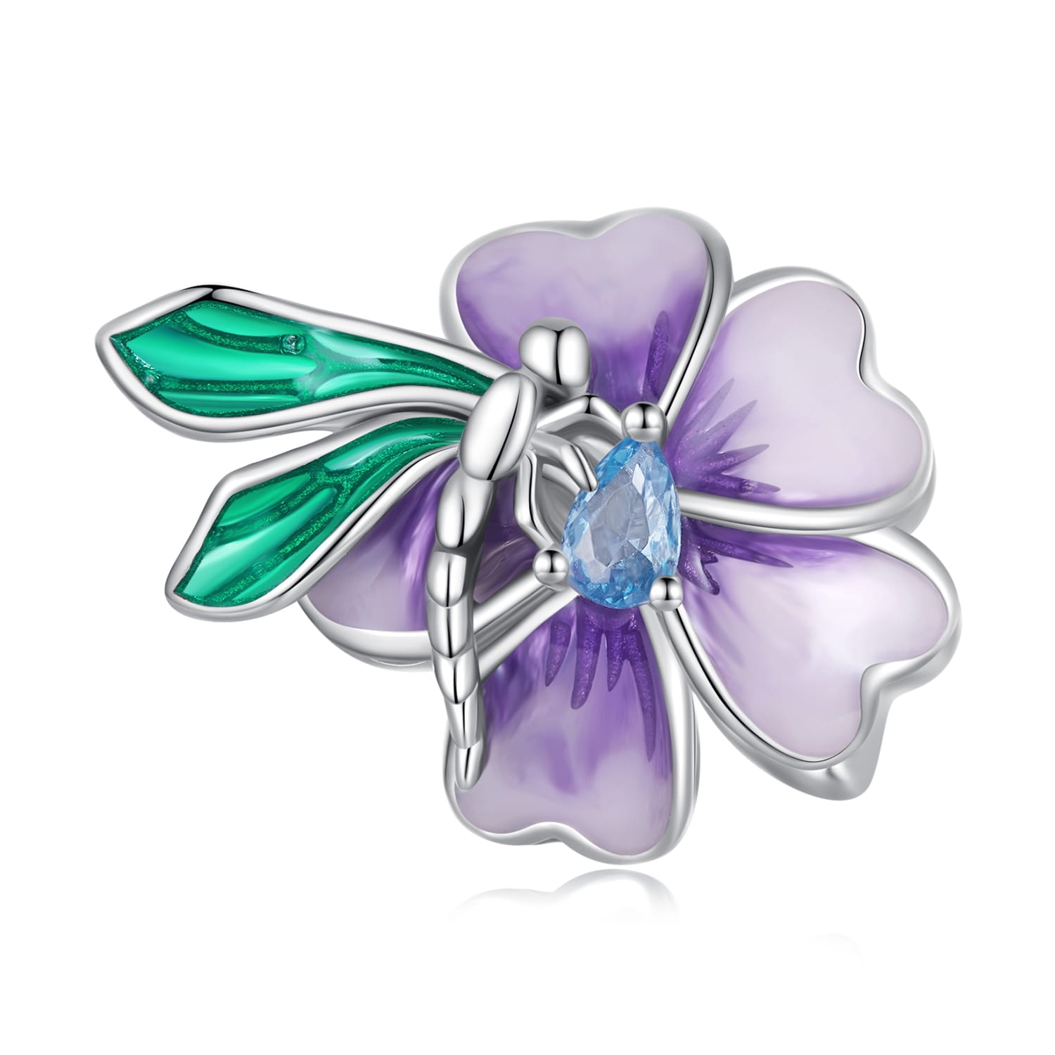 Fioletowy kwiatek z ważką srebrny charms koralik beads