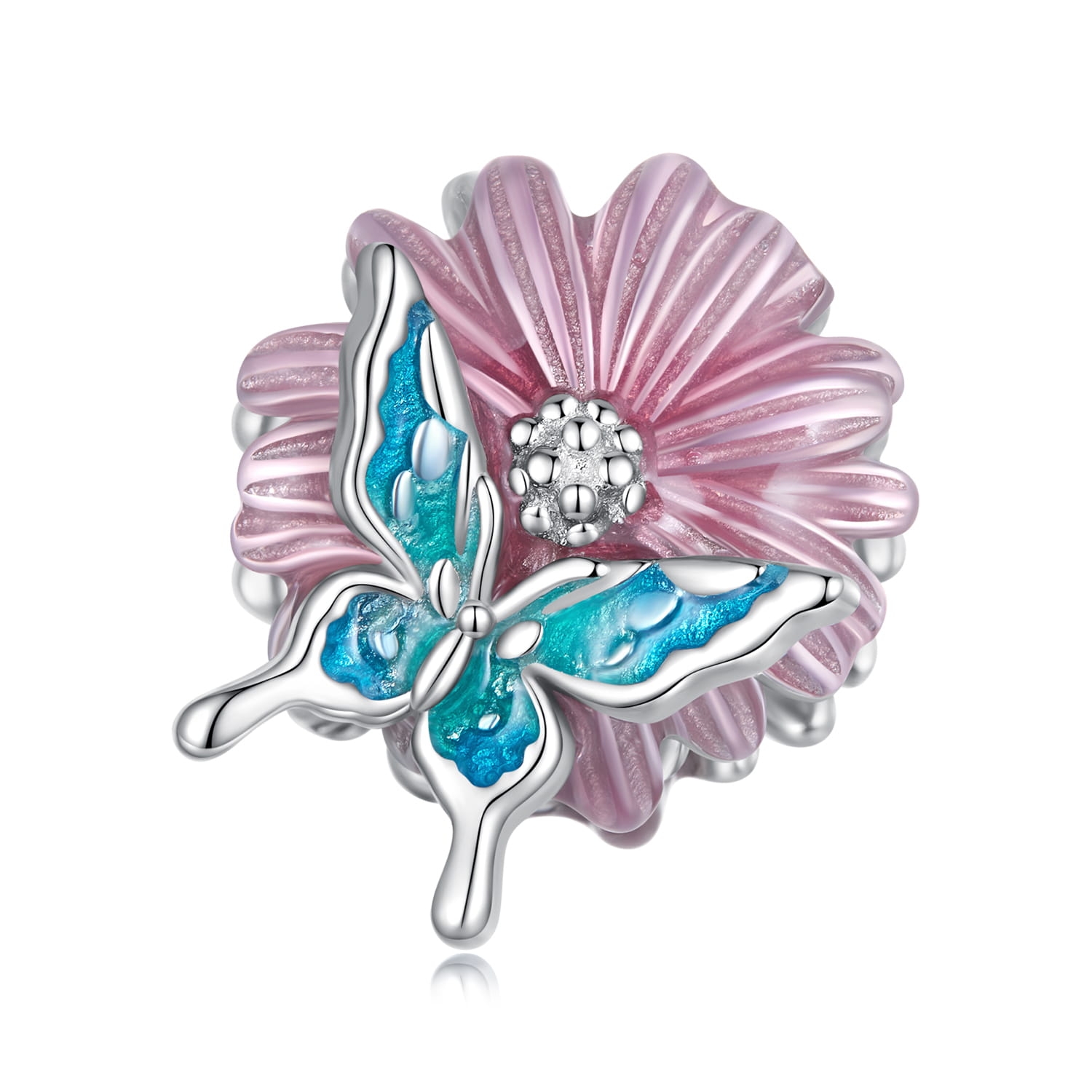 Różowy kwiat z motylkiem srebrny charms beads srebro 925