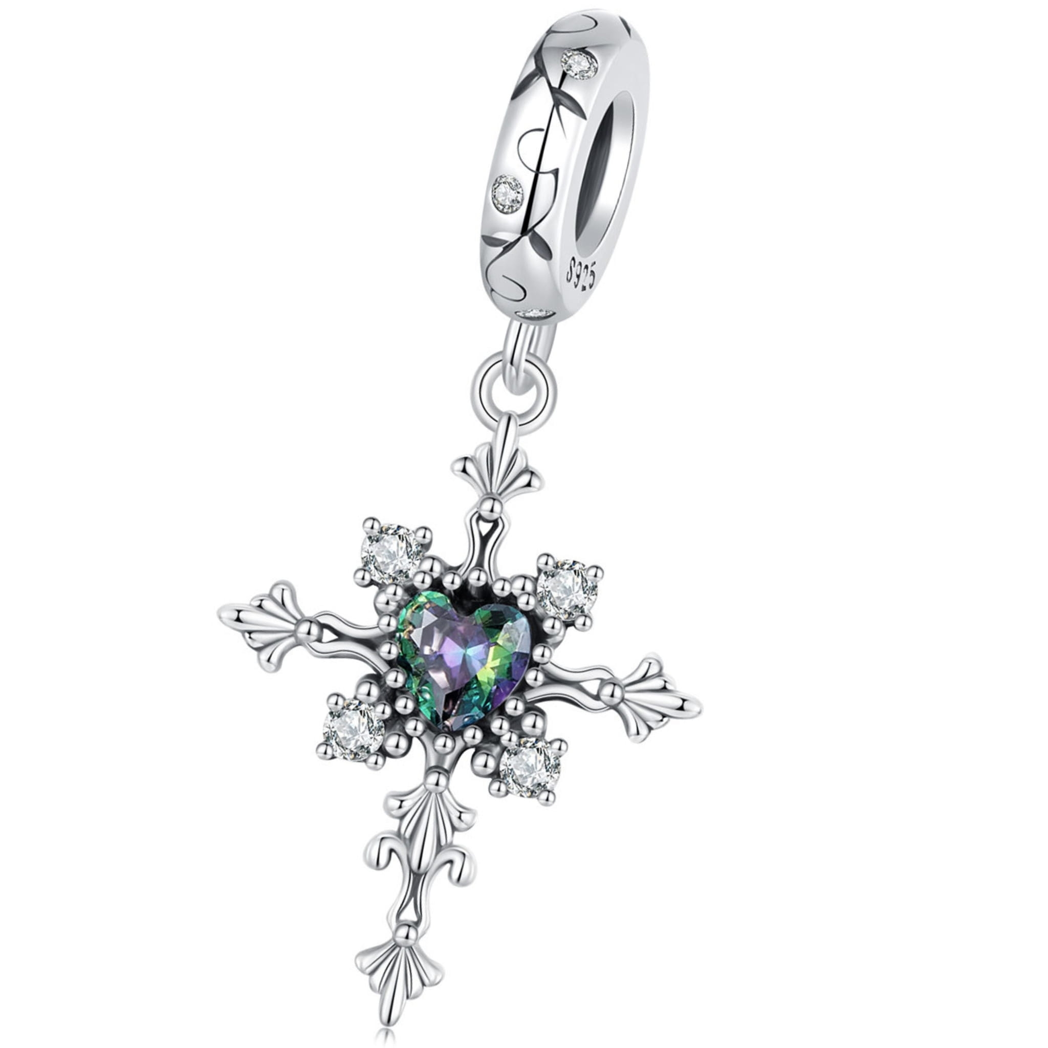 Krzyż z kryształowym sercem srebrny charms zawieszka beads