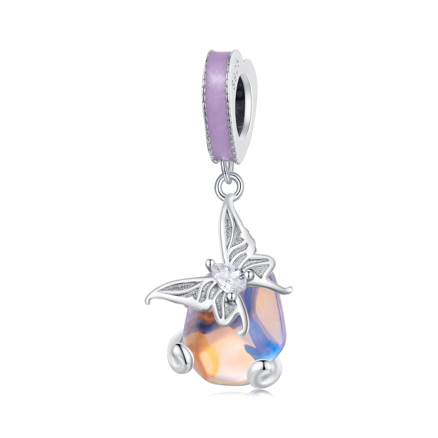 Motylek na opalizującym krysztale srebrny charms zawieszka beads