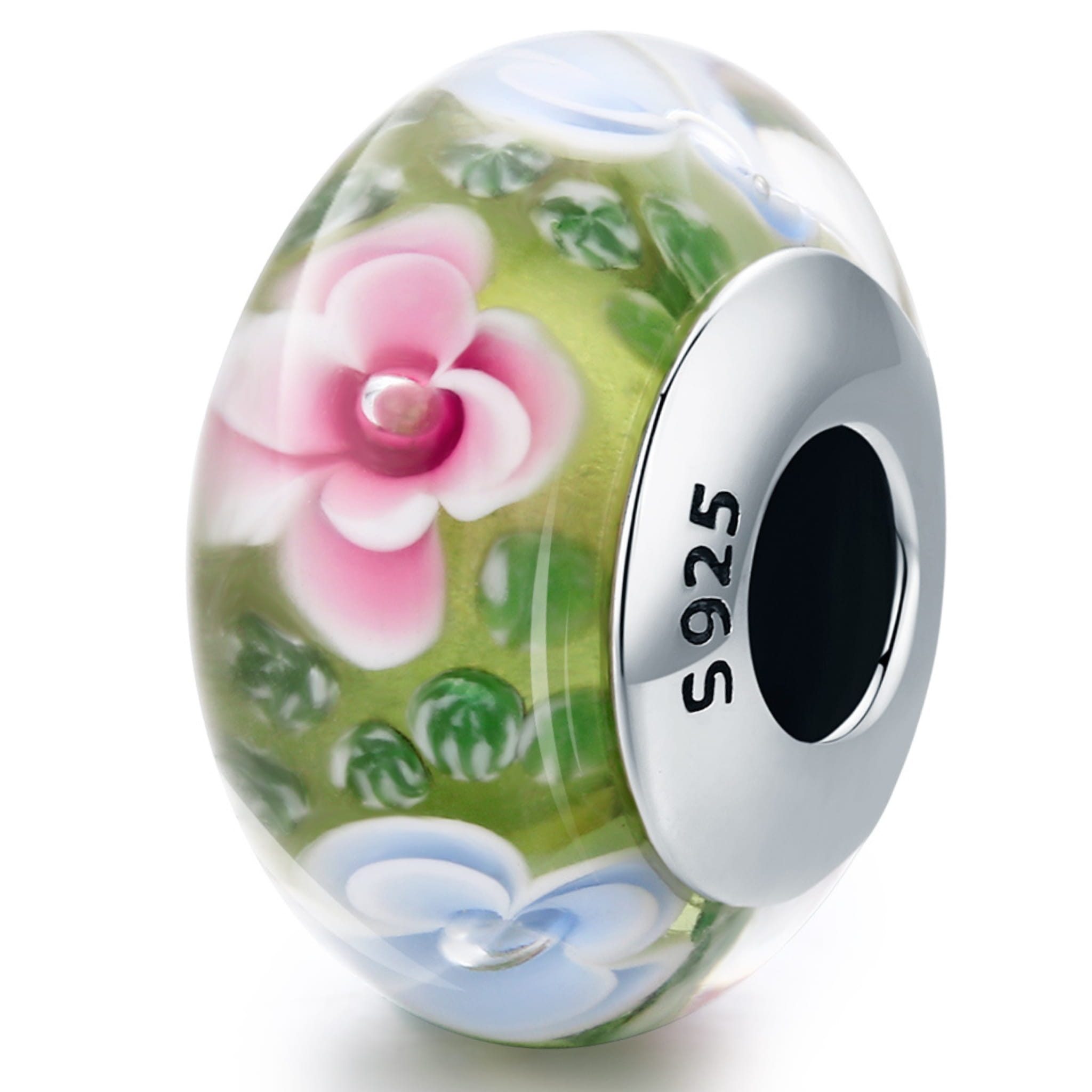 Charms szklany koralik różowo-niebieskie kwiaty na łące szkło srebro 925