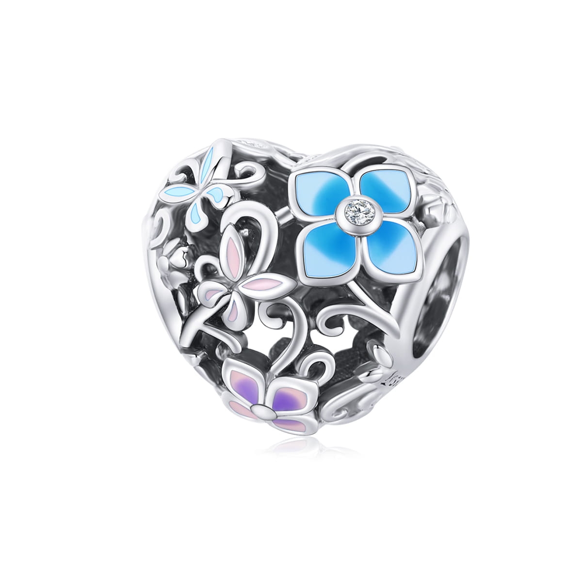 Serce z motyli i kwiatów srebrny charms beads koralik srebro 925