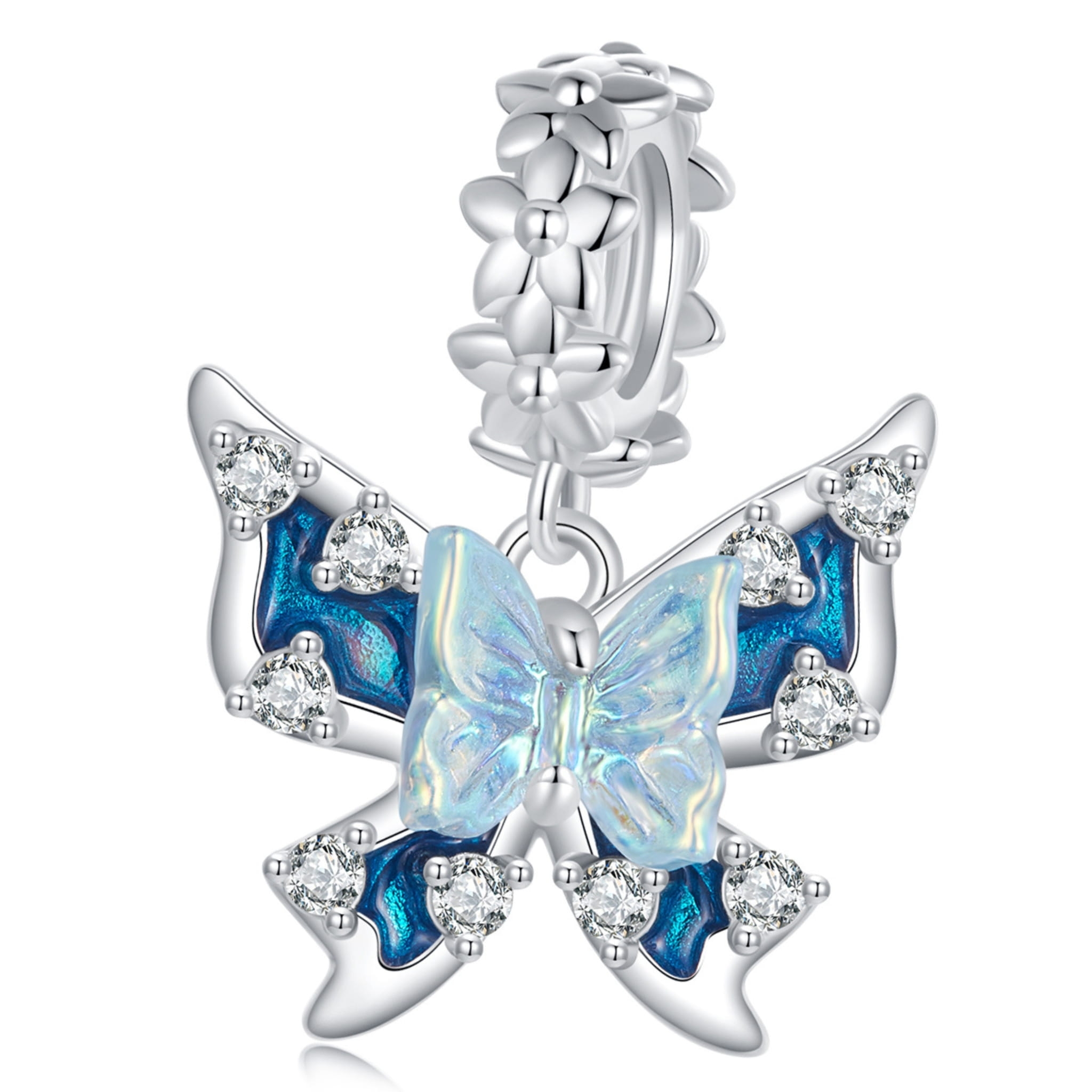 Kryształowy niebieski motyl srebrny charms zawieszka beads srebro 925