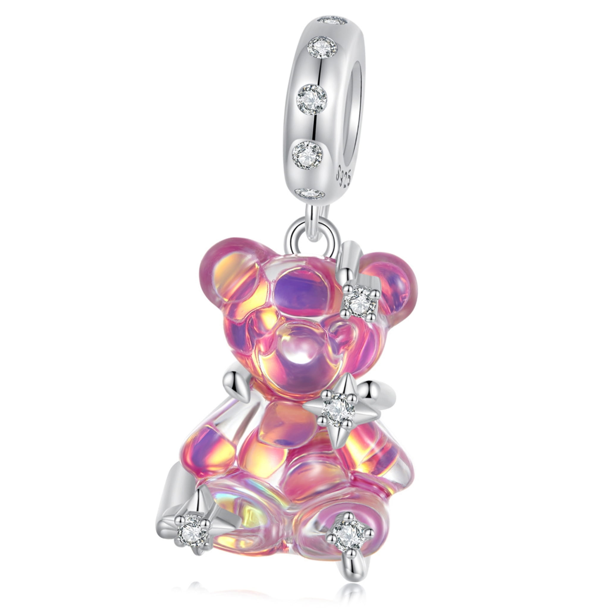 Fioletowy miś z gwiazdkami srebrny charms zawieszka beads srebro 925