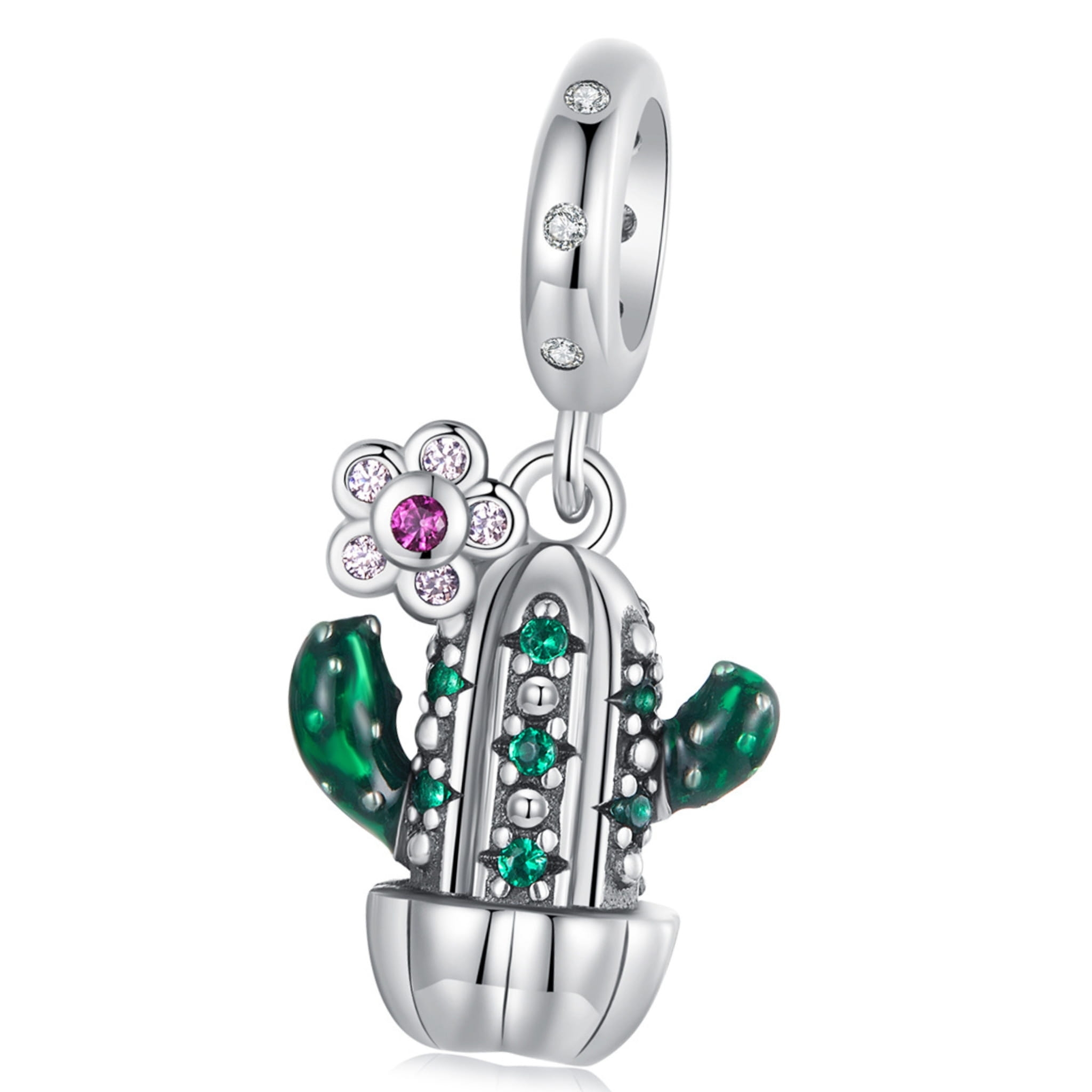 Kryształowy kaktus z kwiatkiem charms srebrna zawieszka beads srebro 925