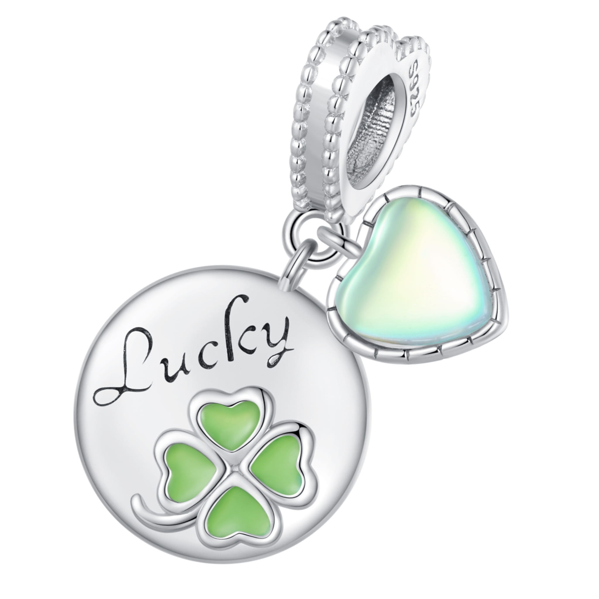 Czterolistna koniczynka opalizujące serce srebrny charms zawieszka beads