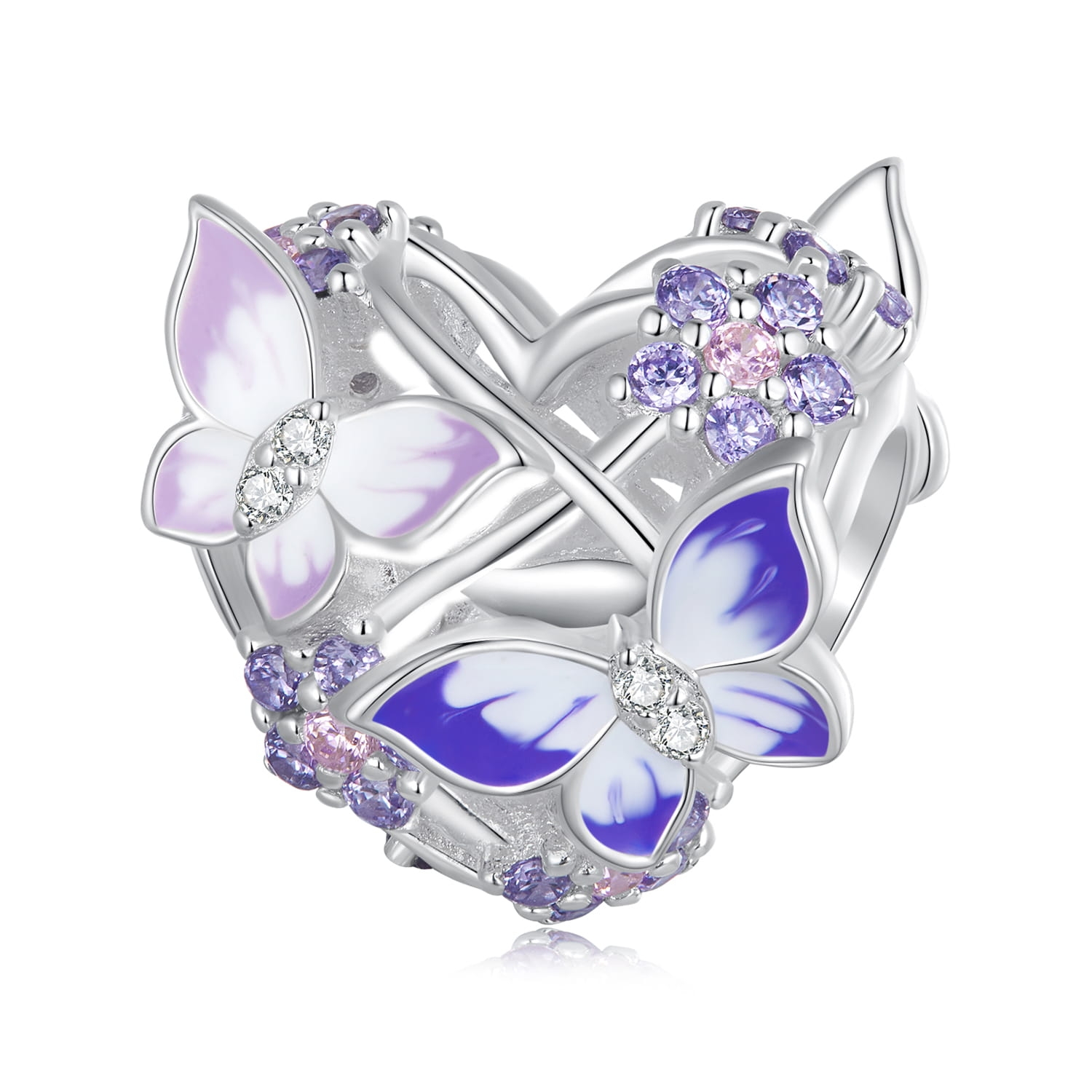 Serce z kwiatami i motylkami srebrny charms beads