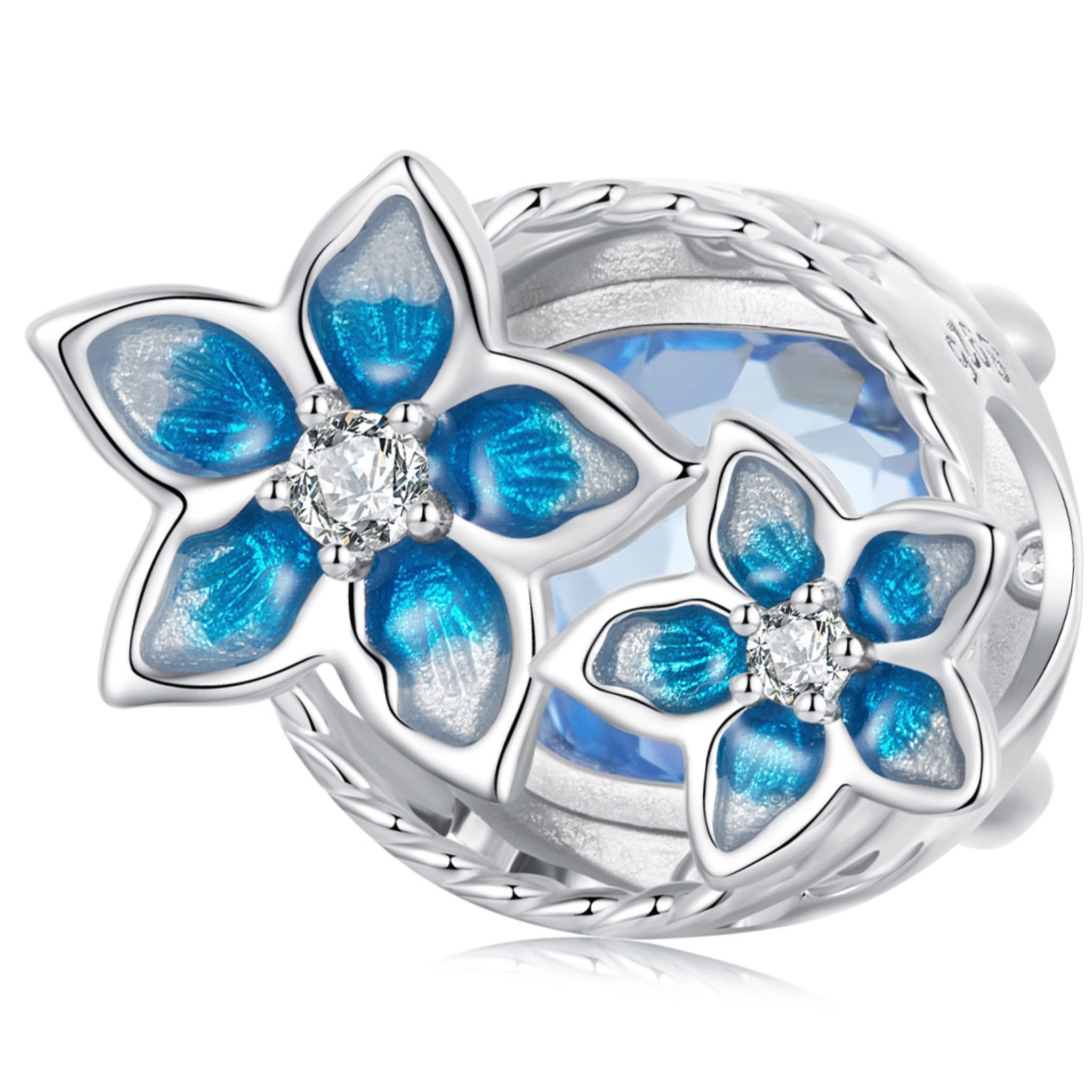 Niebieski kryształ z kwiatami srebrny charms koralik beads srebro 925