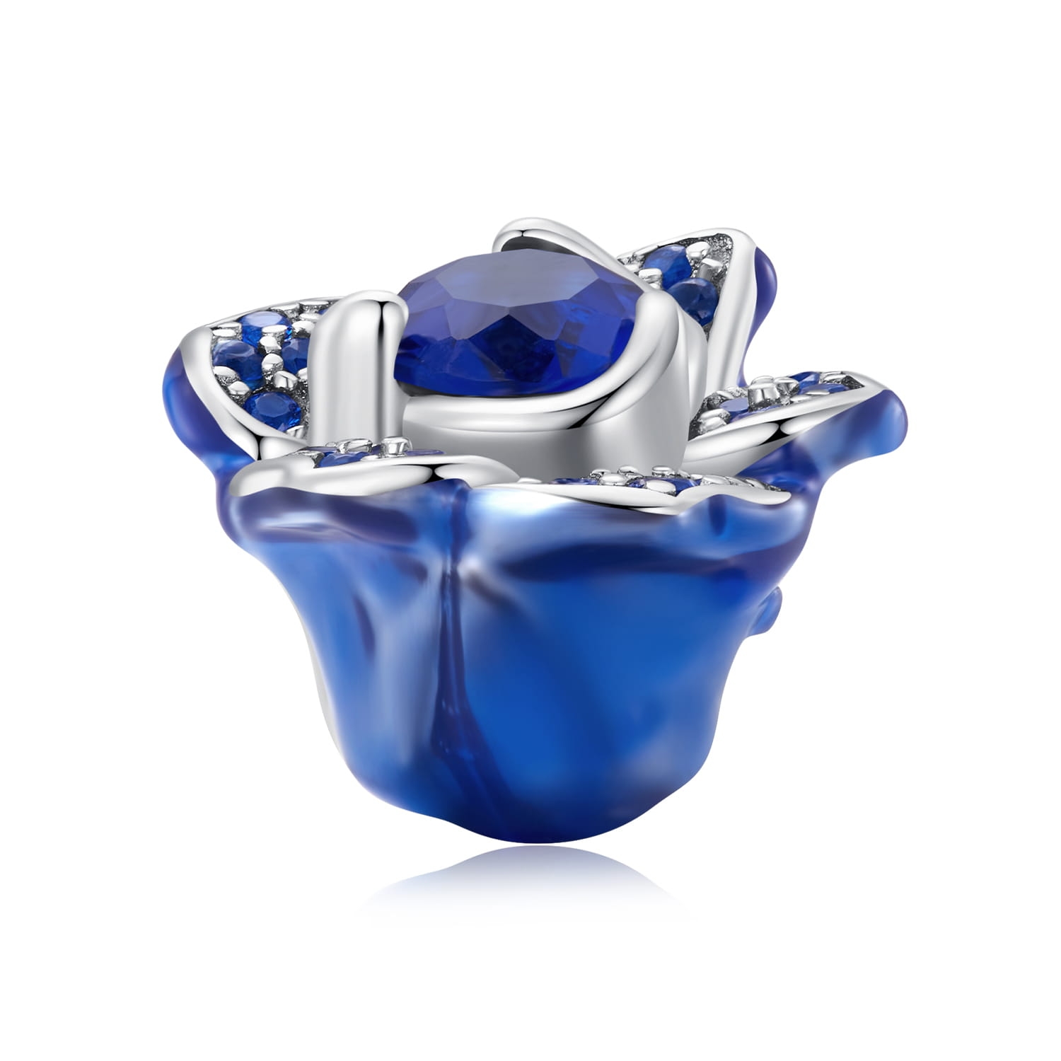 Niebieski kwiat z kryształowym środkiem srebrny charms koralik beads