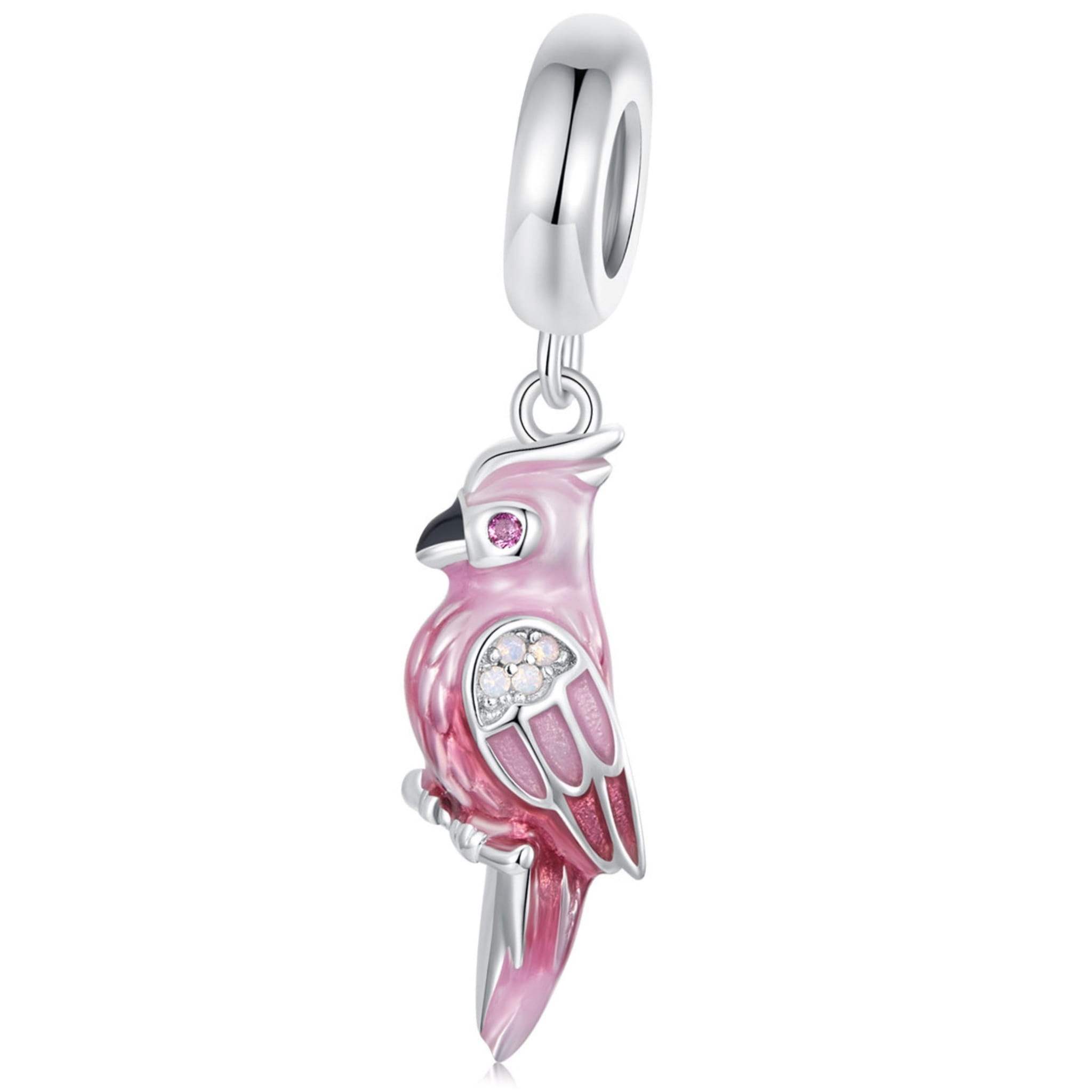 Różowa papuga z kryształkami srebrny charms koralik beads