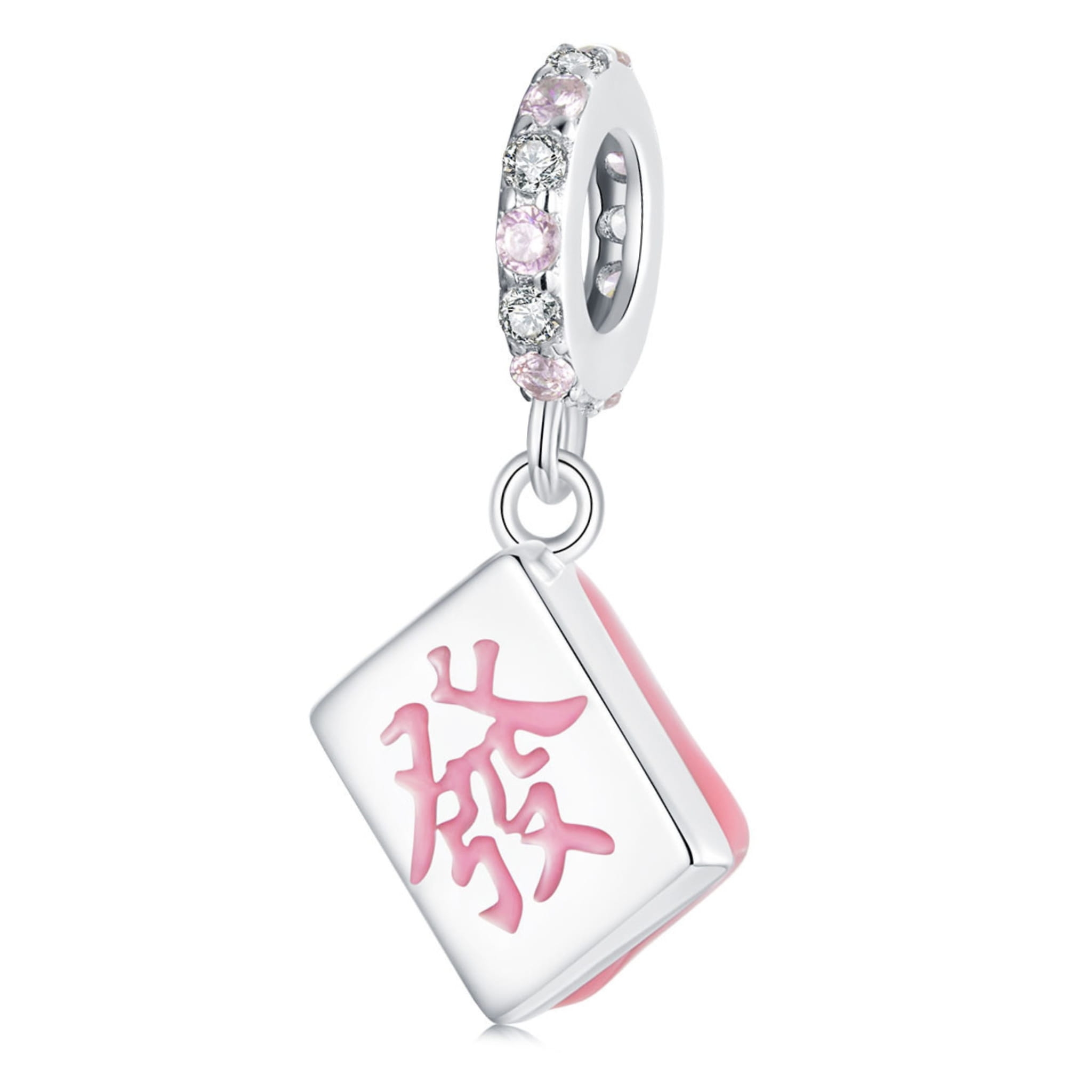 Zawieszka z chińskim znakiem i różowym kryształem srebrny charms beads srebro 925
