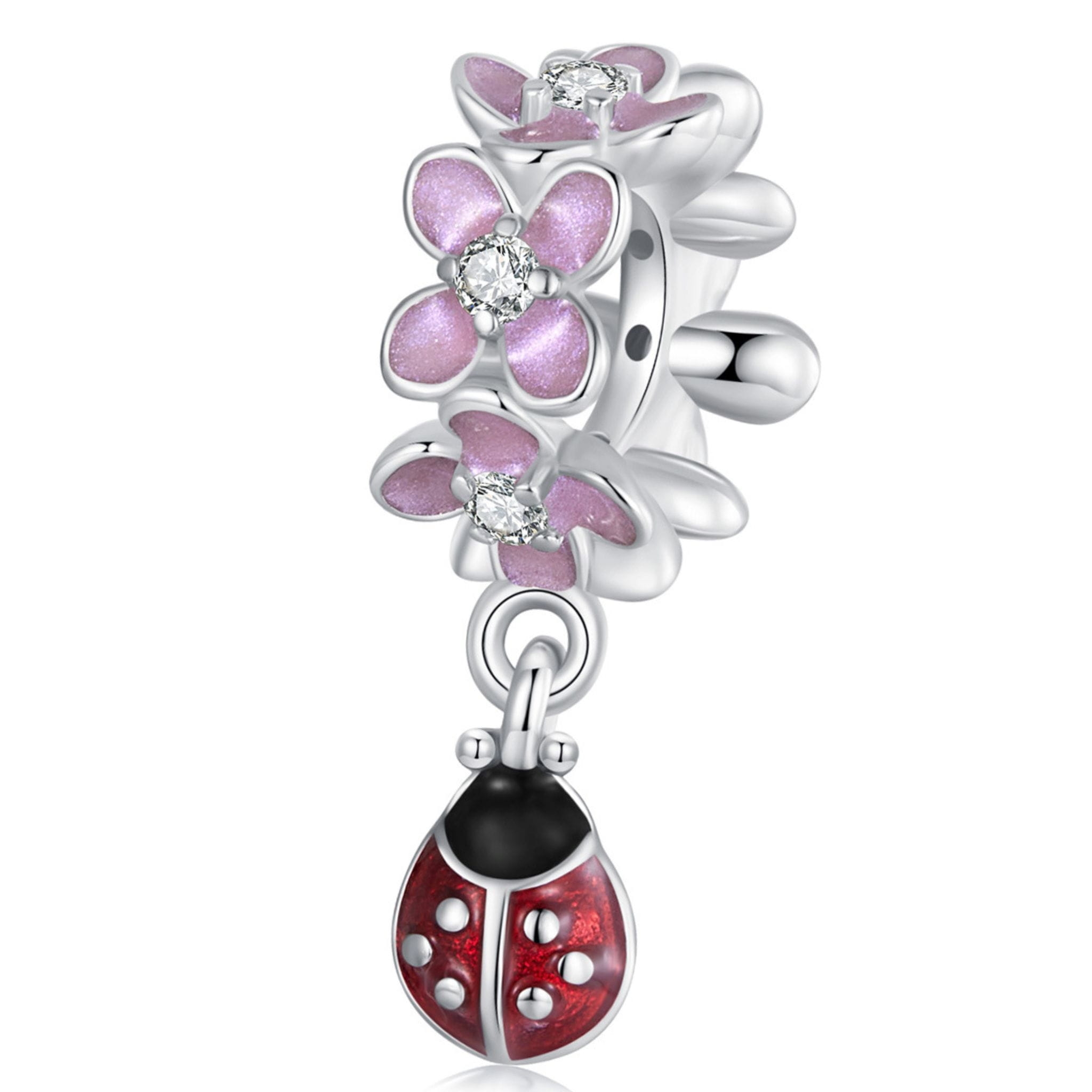 Różowe kwiatki z biedronką srebrny charms koralik beads srebro 925