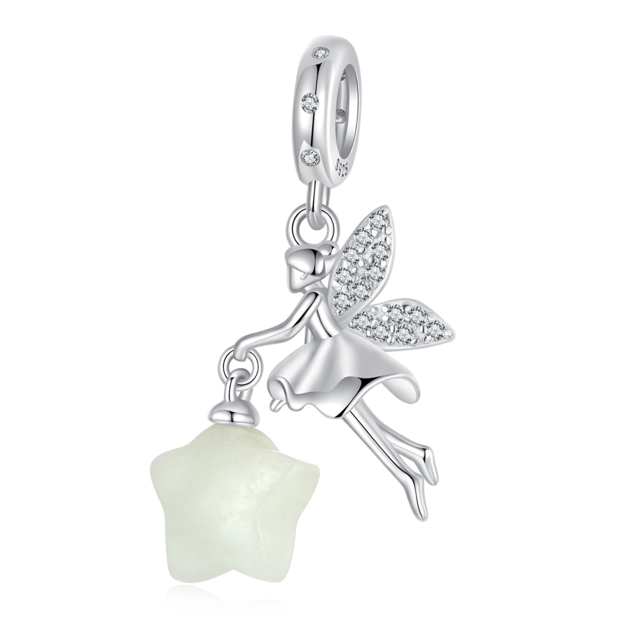 Wróżka ze świecącą w ciemności gwiazdą srebrny charms zawieszka beads