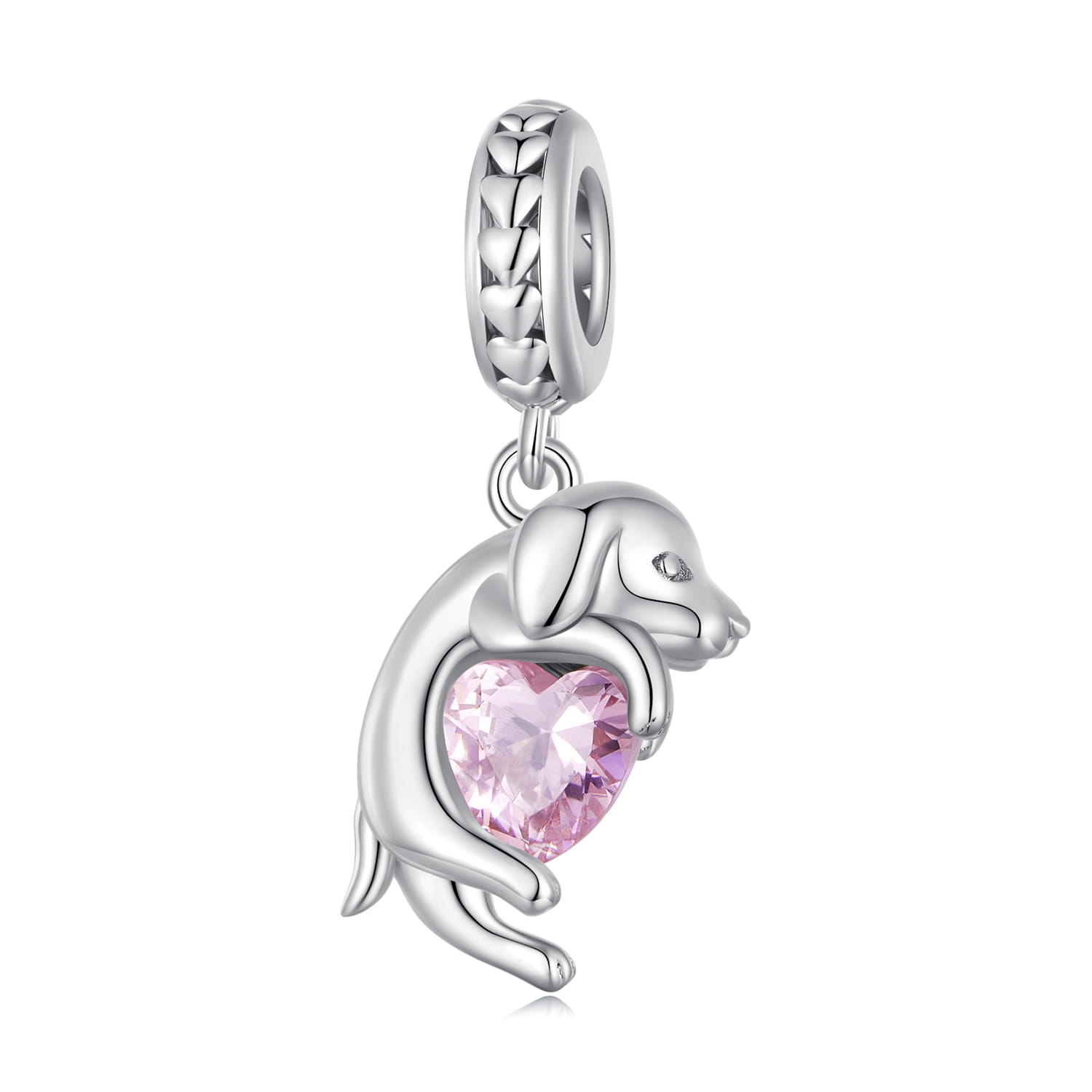 Piesek z różowym sercem srebrny charms zawieszka beads
