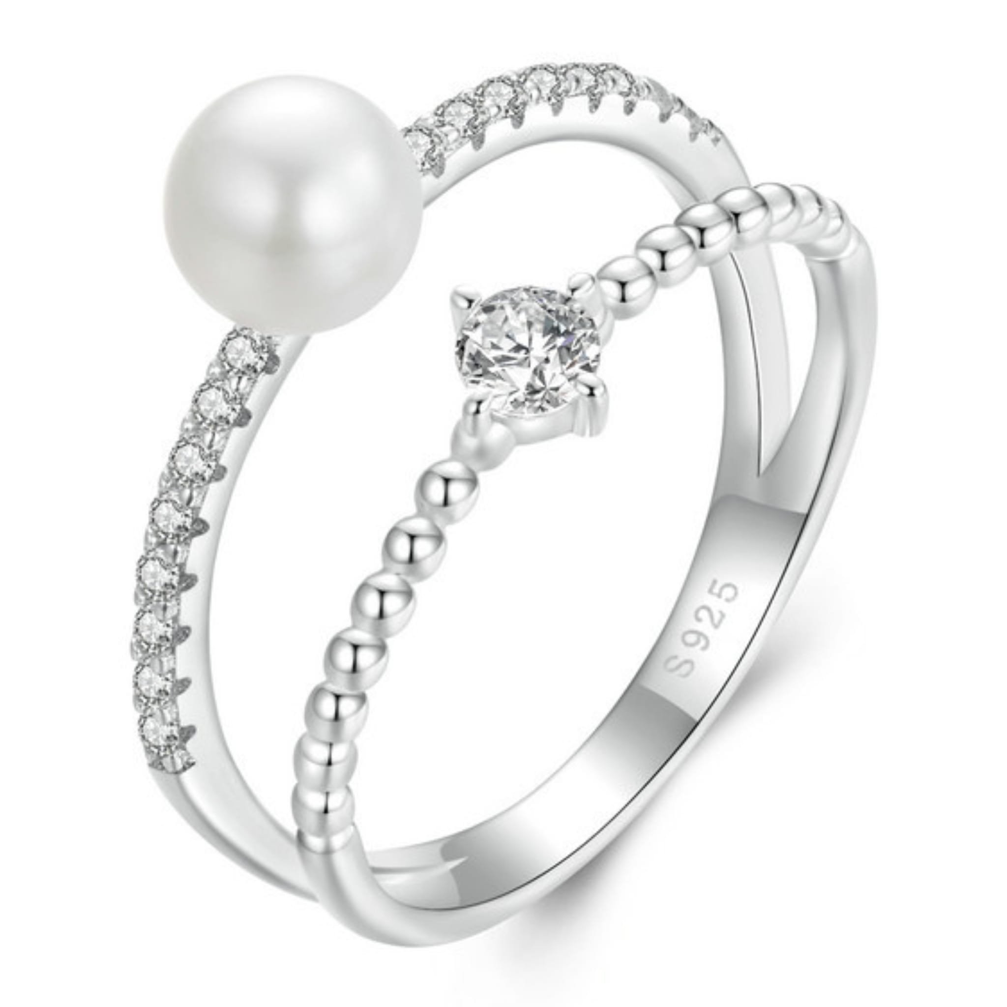Srebrny pierścionek z Moissanitem 0,1 ct i perłą seashell srebro 925 rozmiar R14