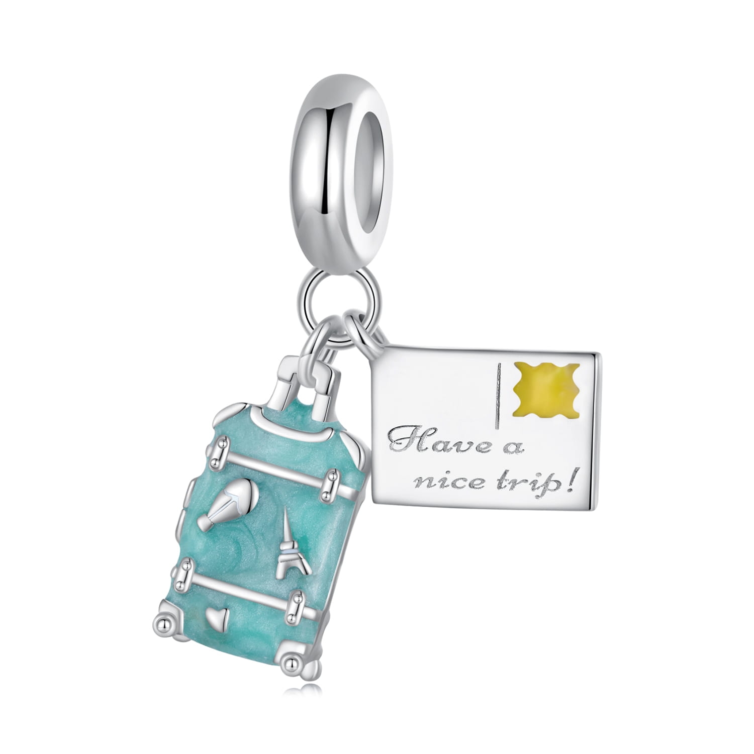 Walizka i pocztówka z wakacji srebrny charms zawieszka beads