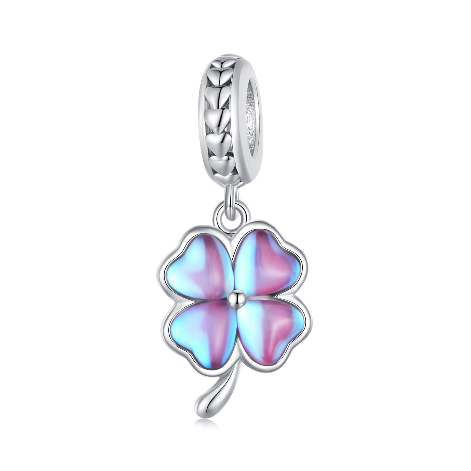 Opalizująca czterolistna koniczynka srebrny charms zawieszka beads