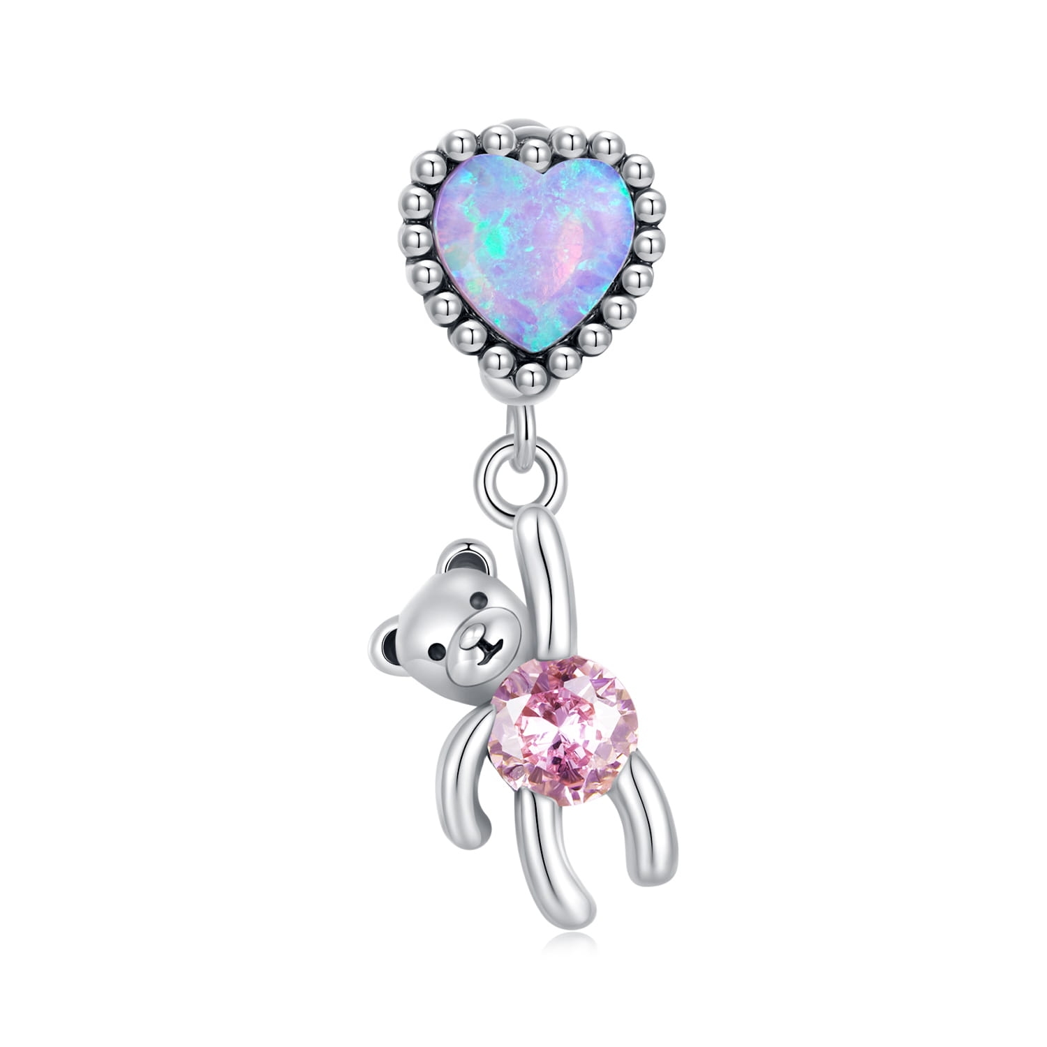 Opalizujące serce różowy miś srebrny charms koralik beads