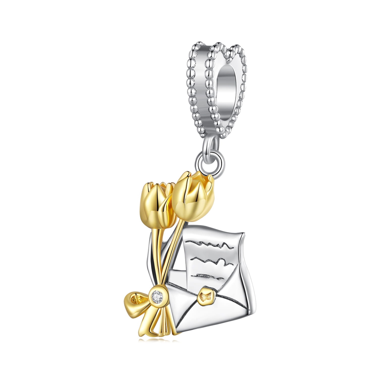 List miłosny z pozłacanymi tulipanami srebrny charms zawieszka
