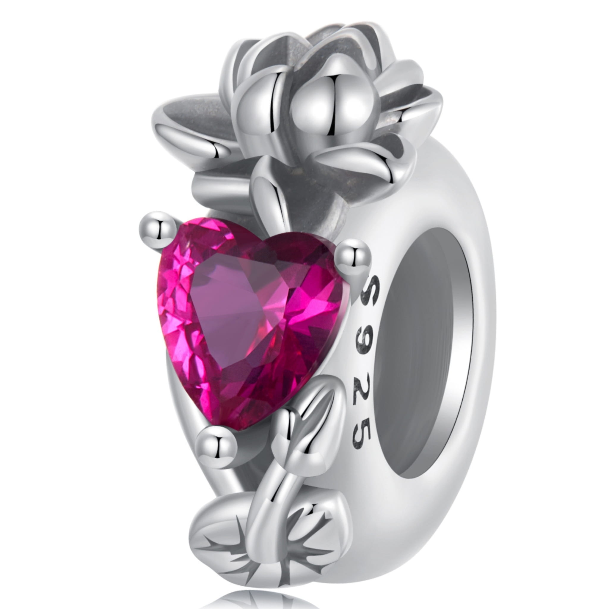 Srebrny stoper charms fuksjowe serce i kwiat lotosu stoper do bransoletki srebro 925