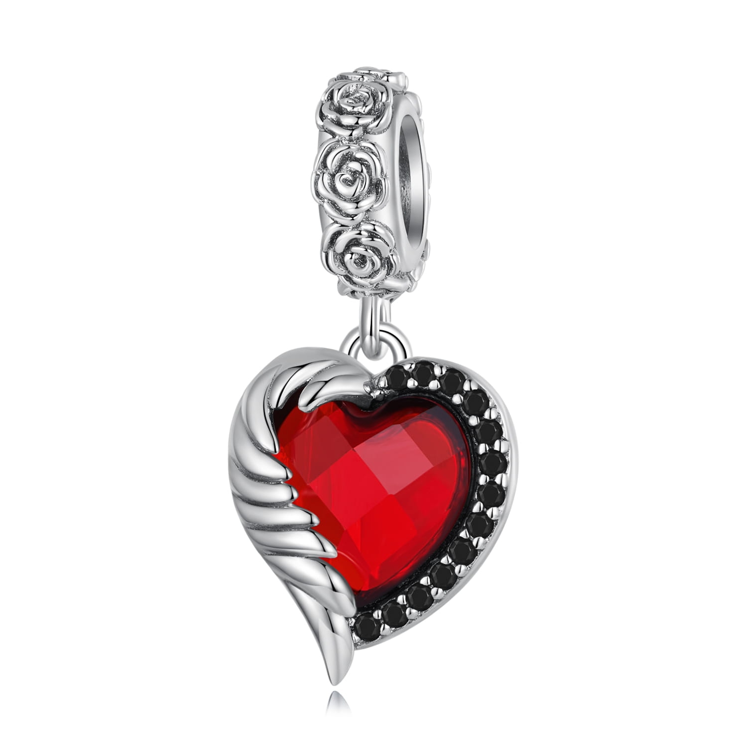 Czerwone serce z anielskim skrzydłem charms zawieszka srebro 925