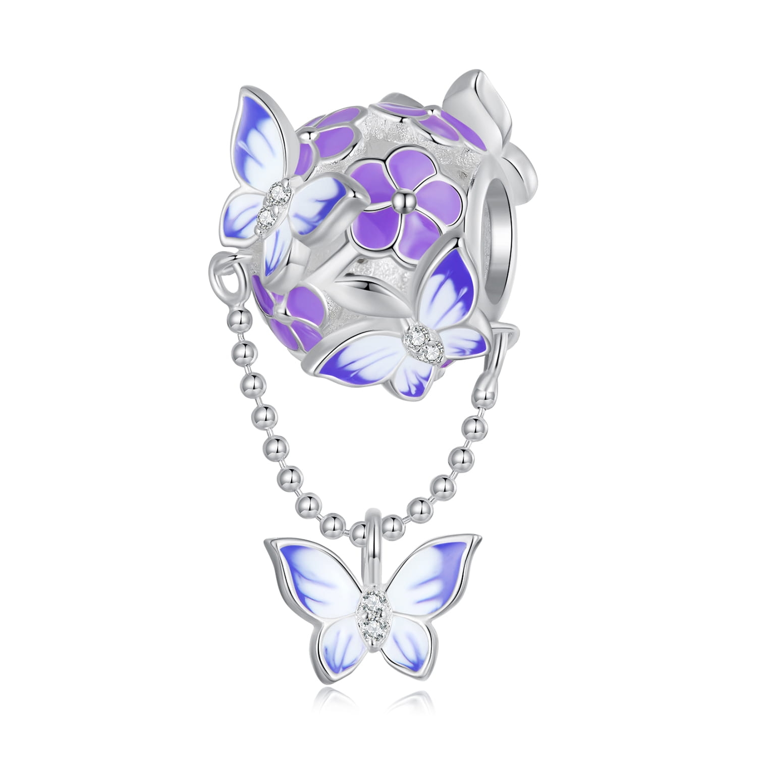 Kula w fioletowe kwiaty i motyle srebrny charms beads