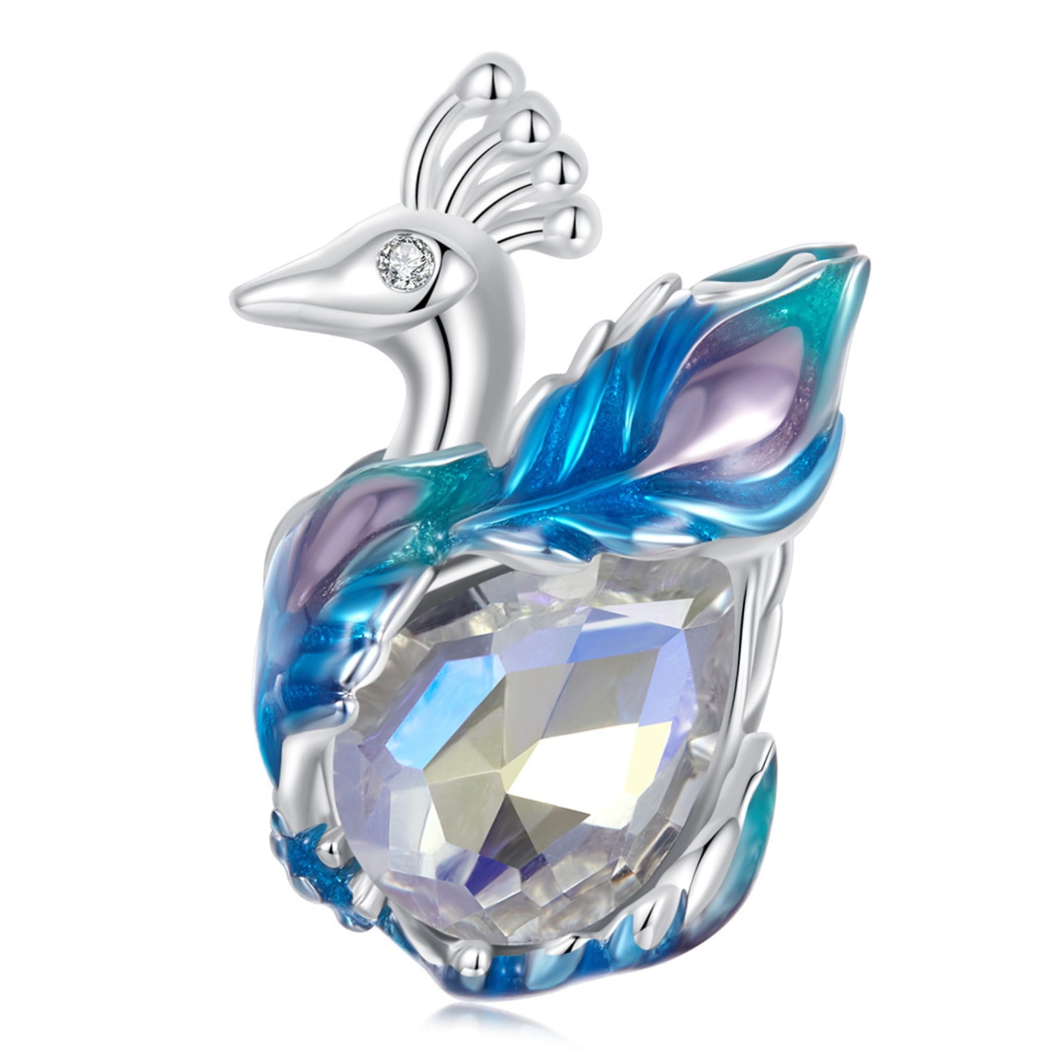 Kryształowy kolorowy paw srebrny charms koralik beads emaliowany