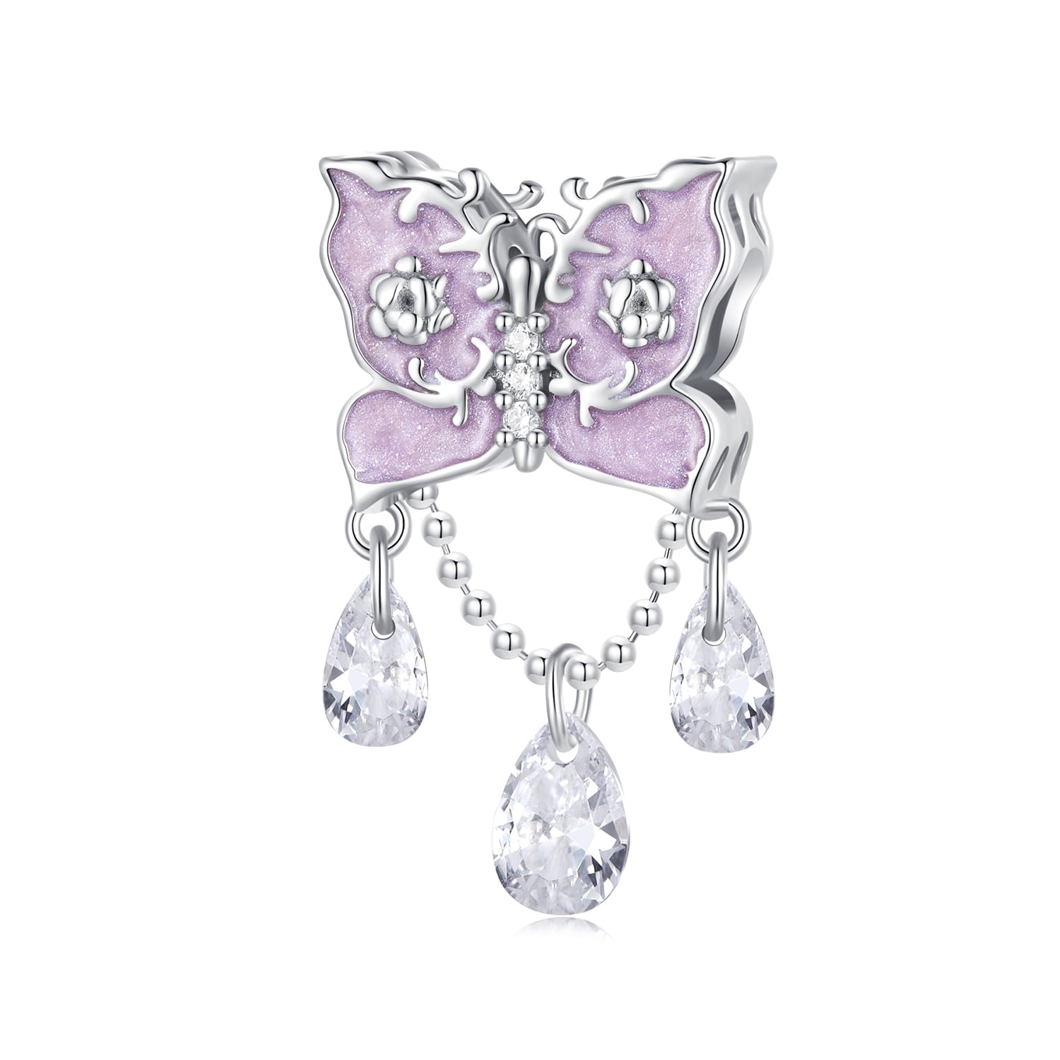 Fioletowy motyl z wiszącymi kryształami srebrny charms koralik beads