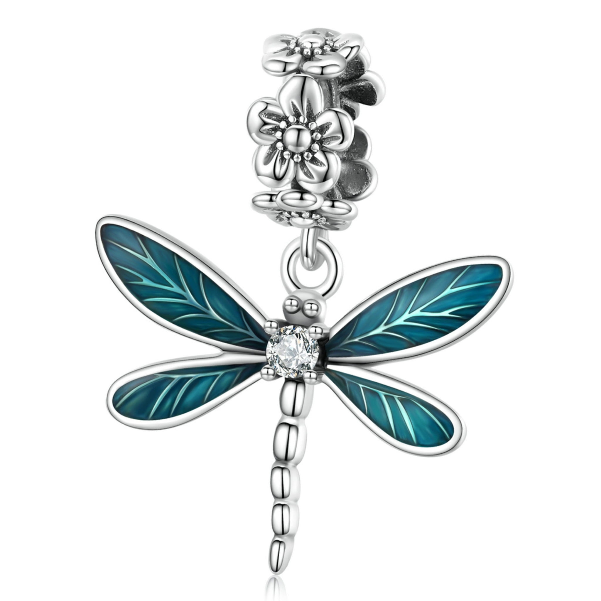 Zielona ważka z pierścieniem z kwiatów charms srebrna zawieszka beads srebro 925