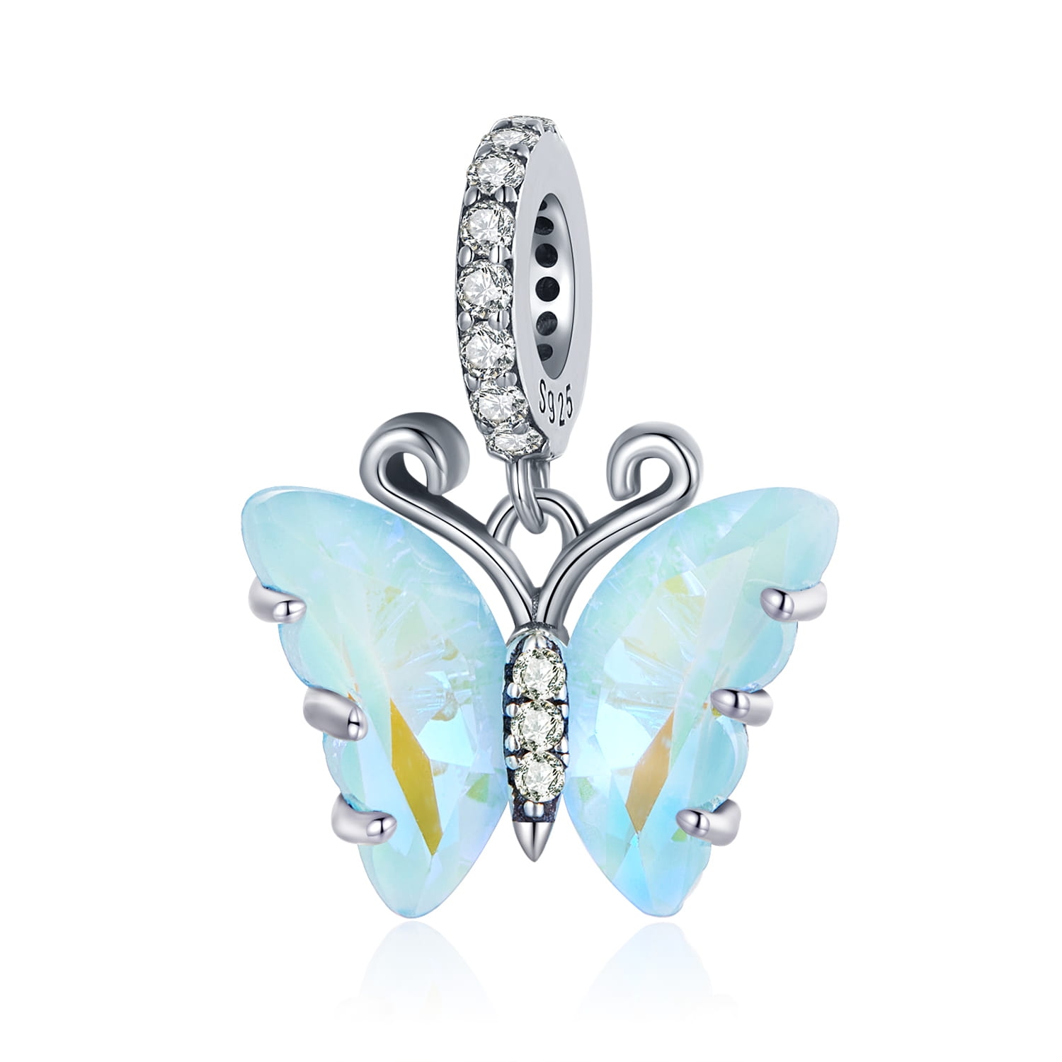 Błękitny motyl z kryształu srebrny charms zawieszka
