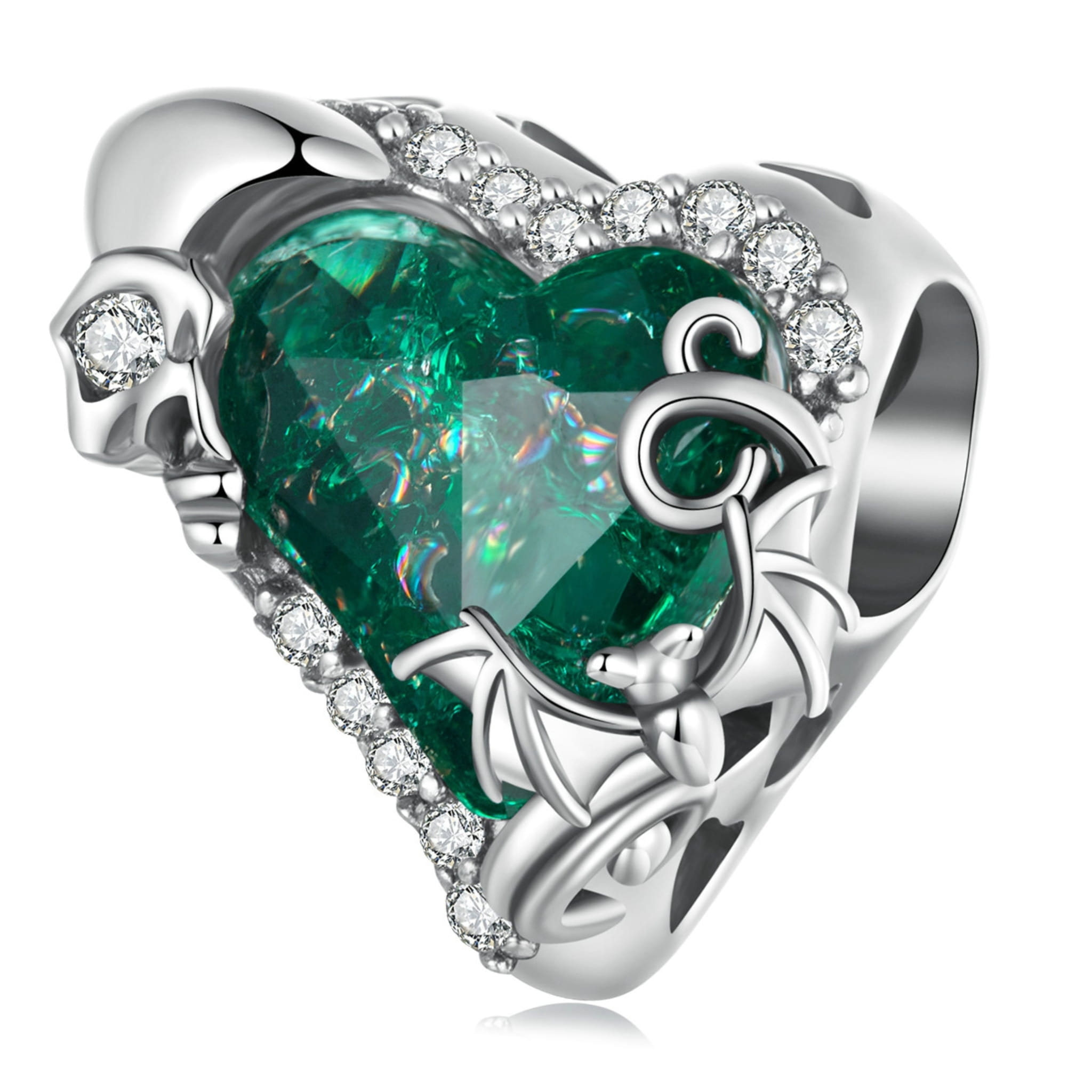 Zielone serce z nietoperzem srebrny charms koralik srebro 925 beads