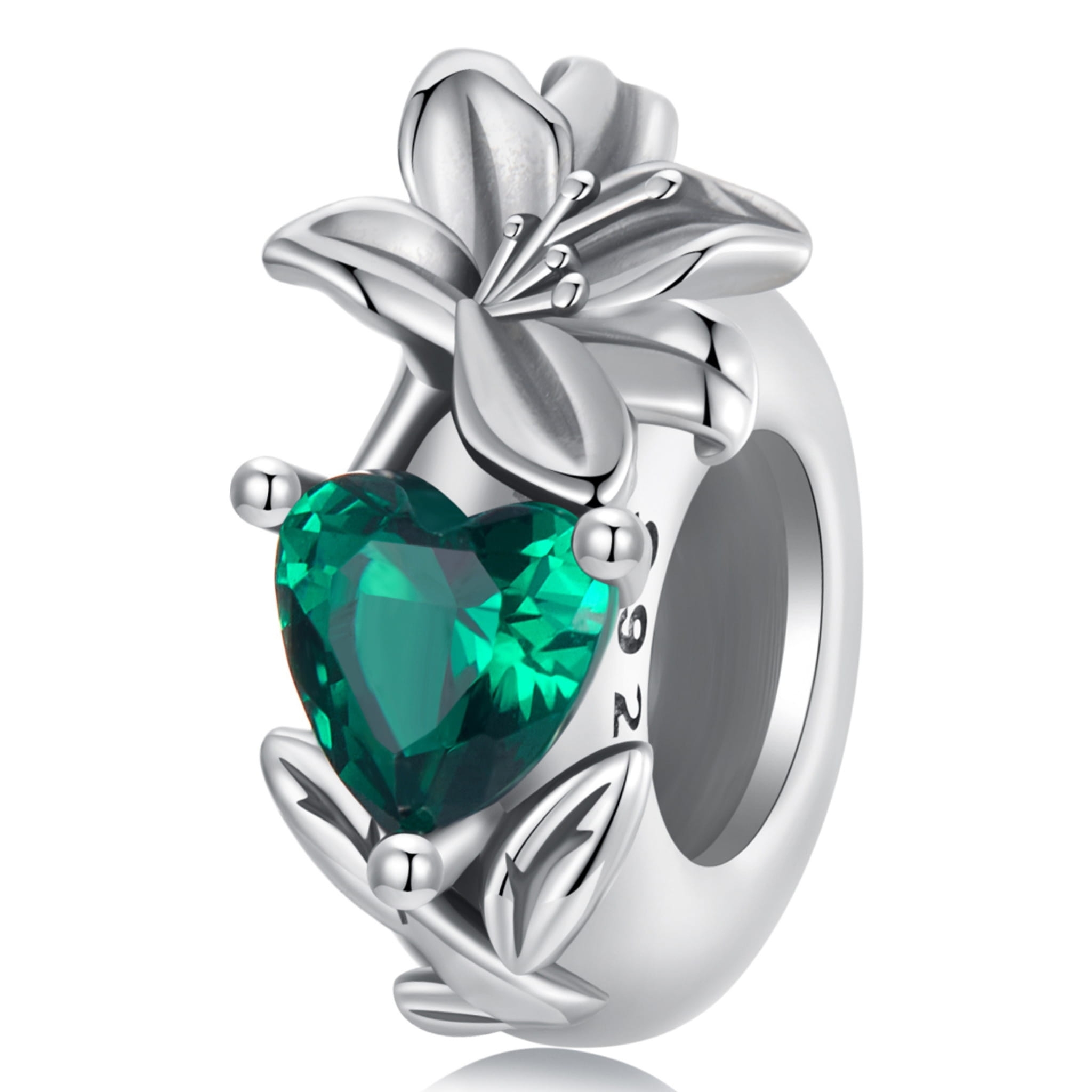 Srebrny stoper charms zielone serce i kwiat lilii stoper do bransoletki srebro 925
