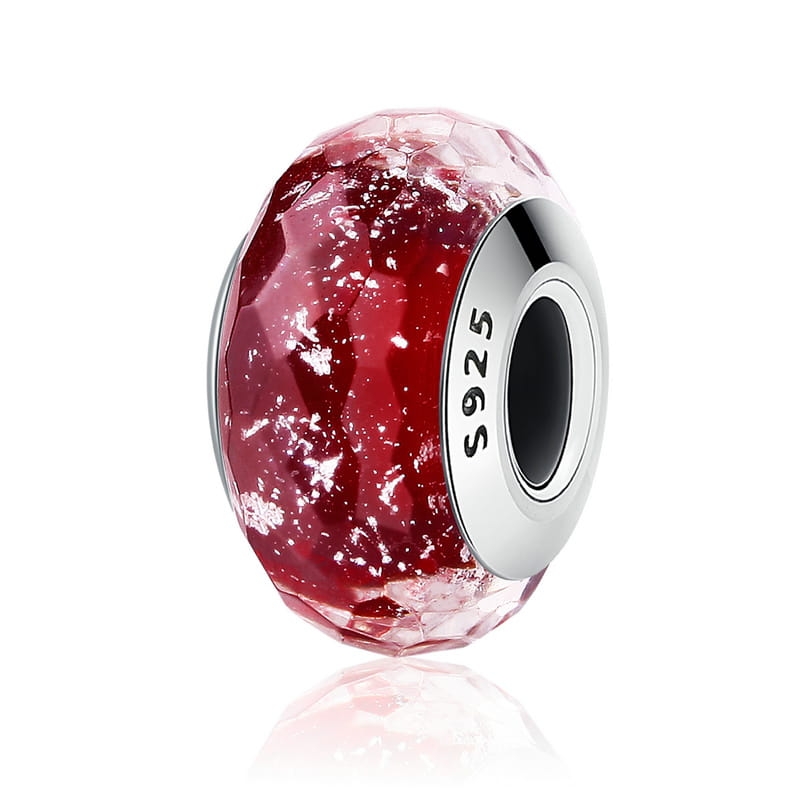 Szklany czerwony charms ze srebrnymi drobinkami koralik beads srebro 925