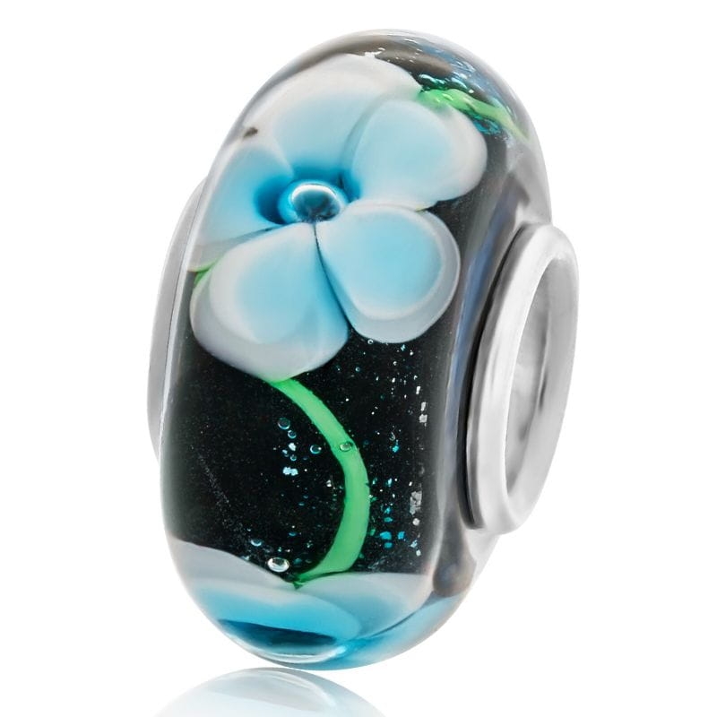 Szklany charms z niebieskimi kwiatami koralik beads srebro 925