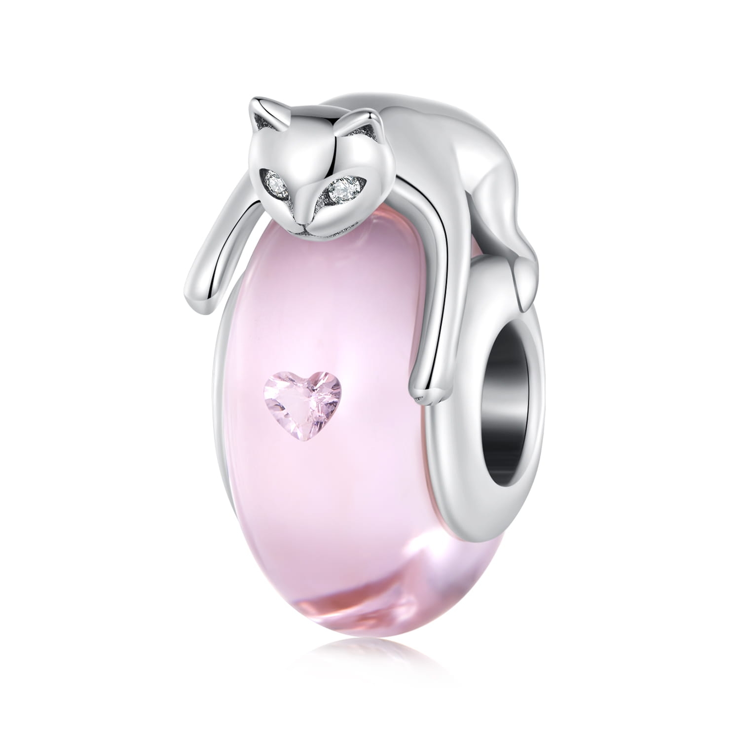 Różowy szklany charms ze srebrnym kotkiem srebro koralik beads 926